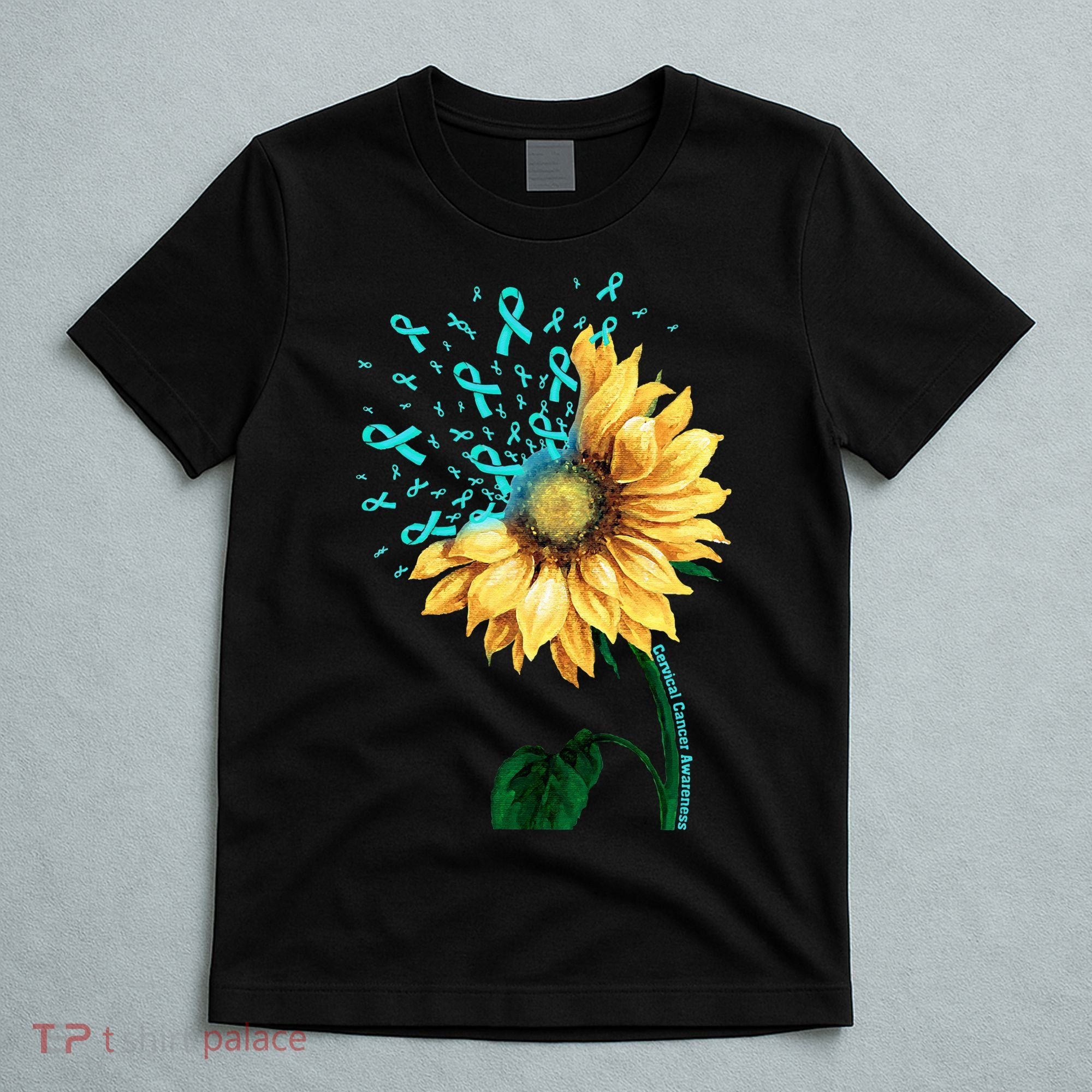 CERVICAL CANCER AWARENESS Sunflower Teal Ribbon Fighter T-Shirt