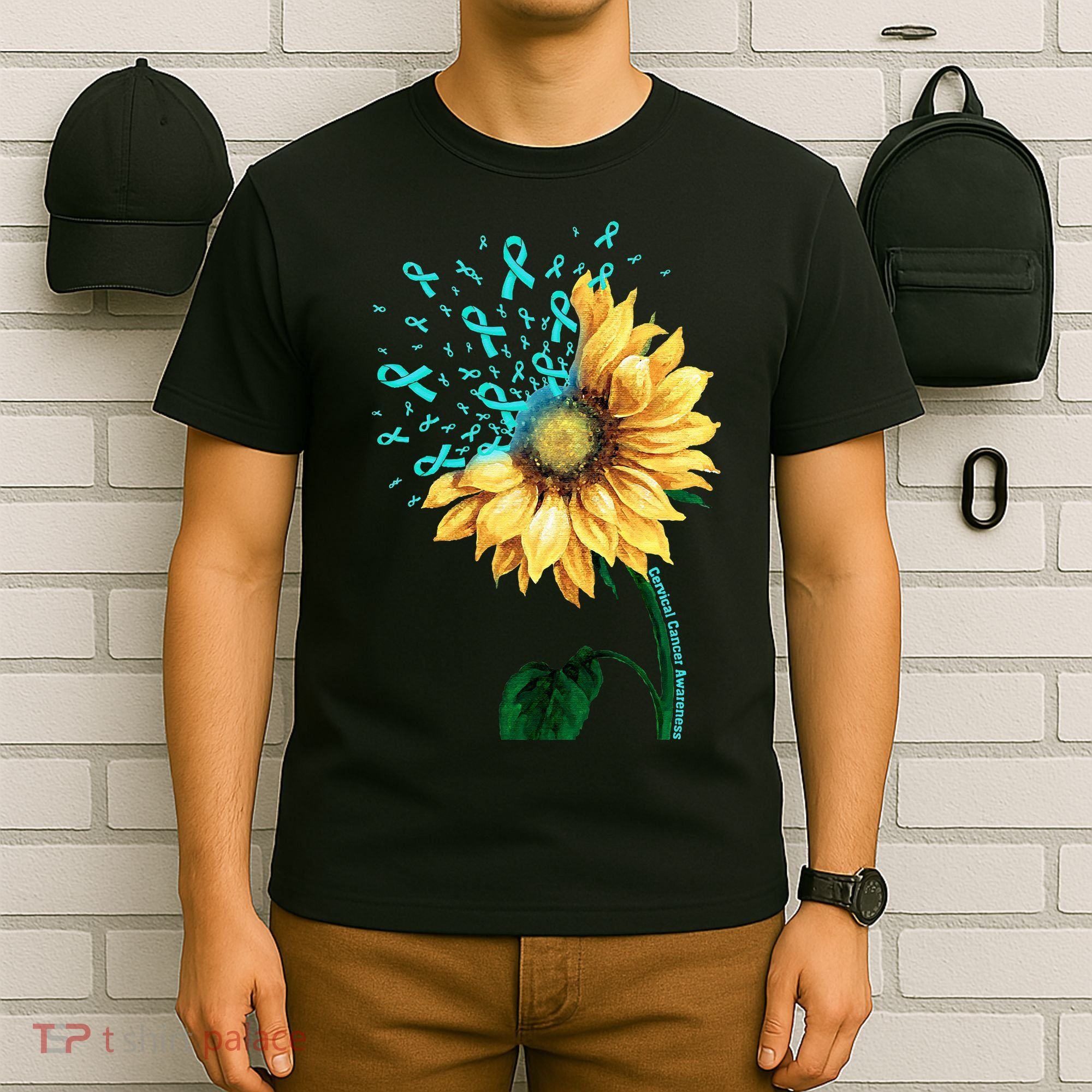 CERVICAL CANCER AWARENESS Sunflower Teal Ribbon Fighter T-Shirt