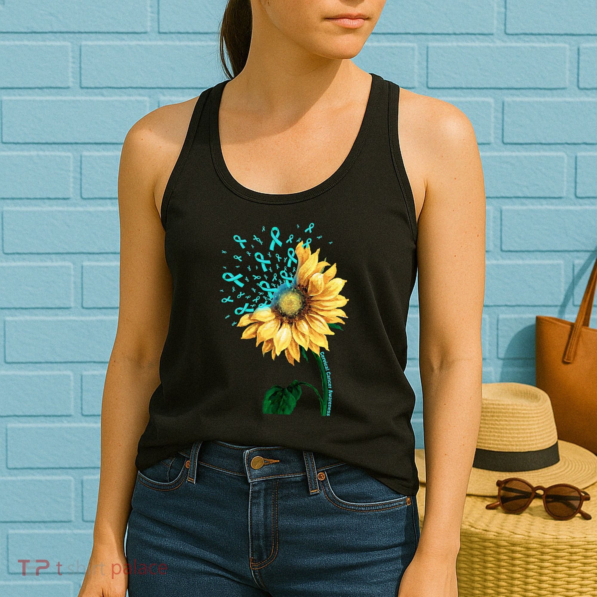 CERVICAL CANCER AWARENESS Sunflower Teal Ribbon Fighter Women's Tank Top