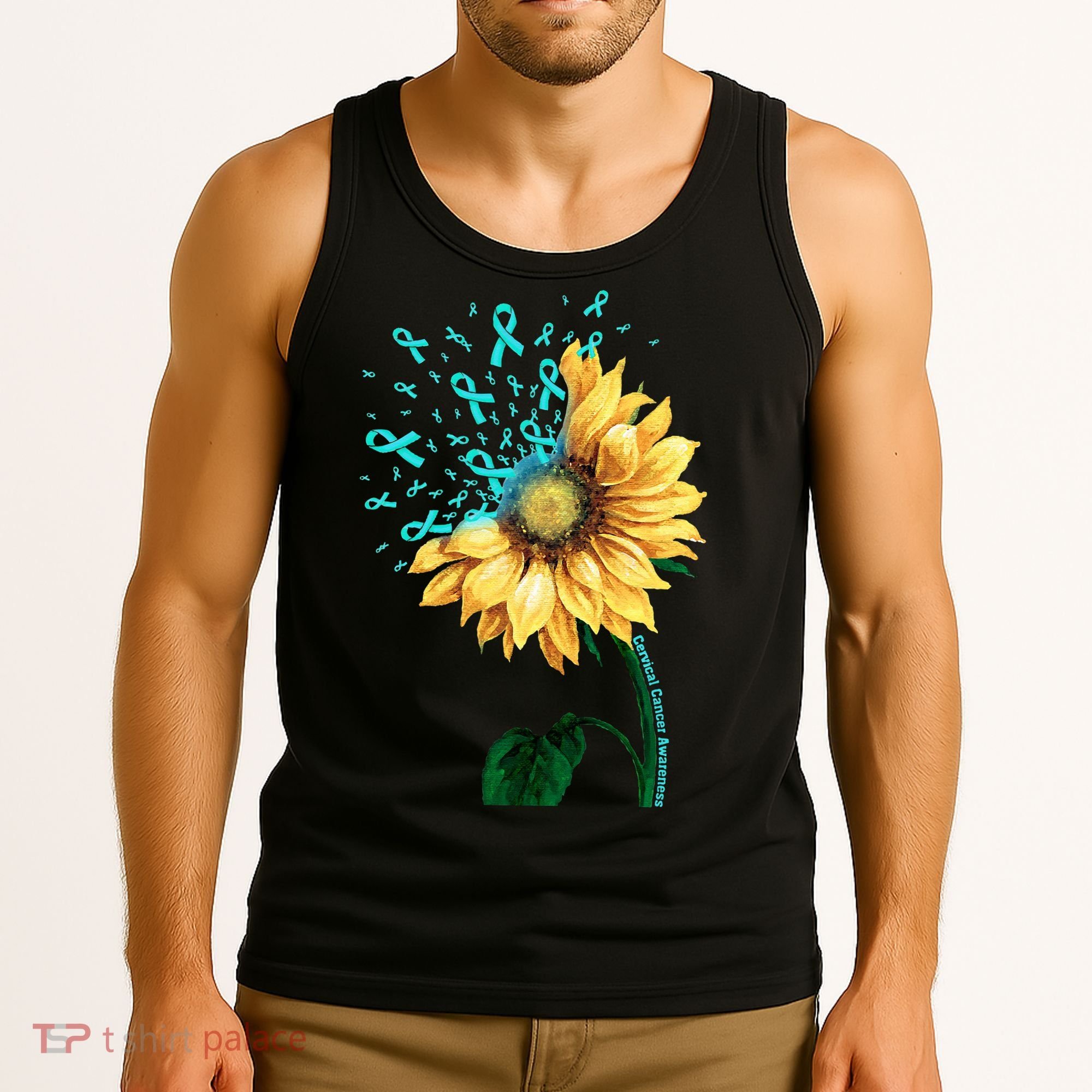 CERVICAL CANCER AWARENESS Sunflower Teal Ribbon Fighter Tank Top