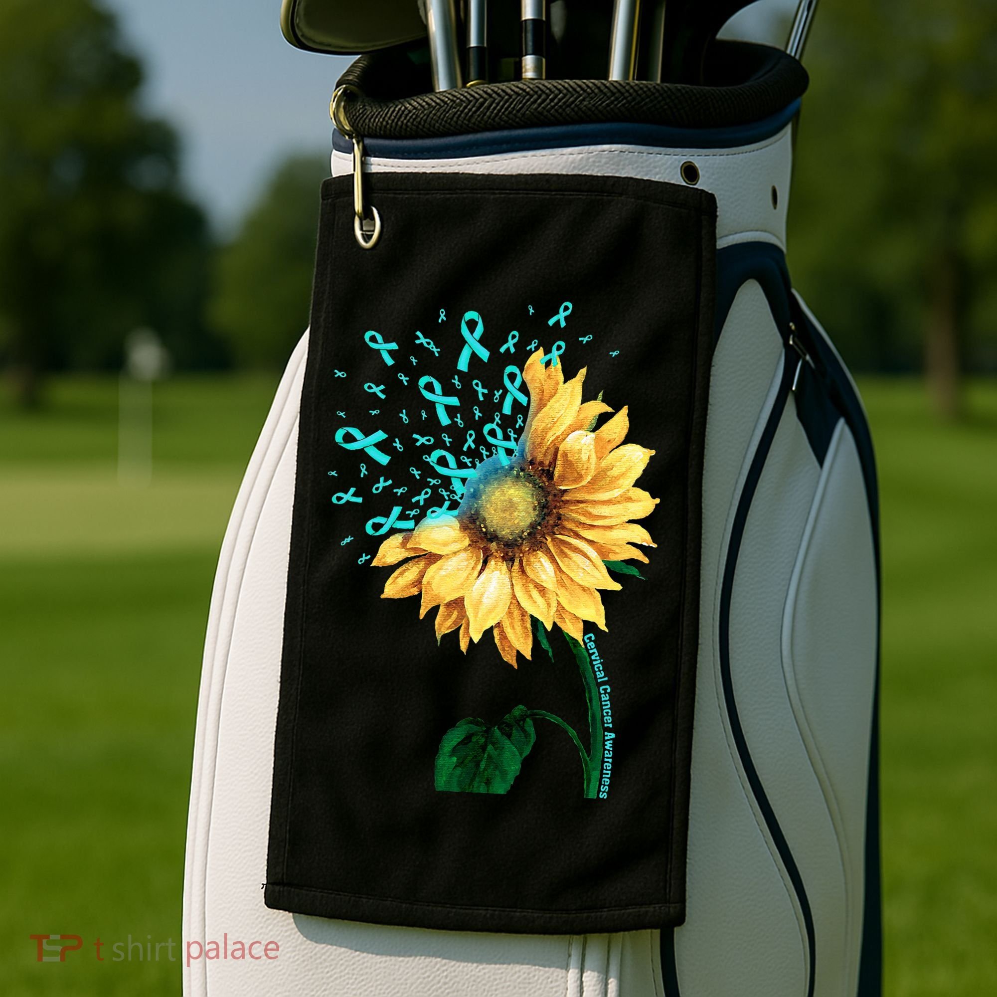 CERVICAL CANCER AWARENESS Sunflower Teal Ribbon Fighter Golf Towel