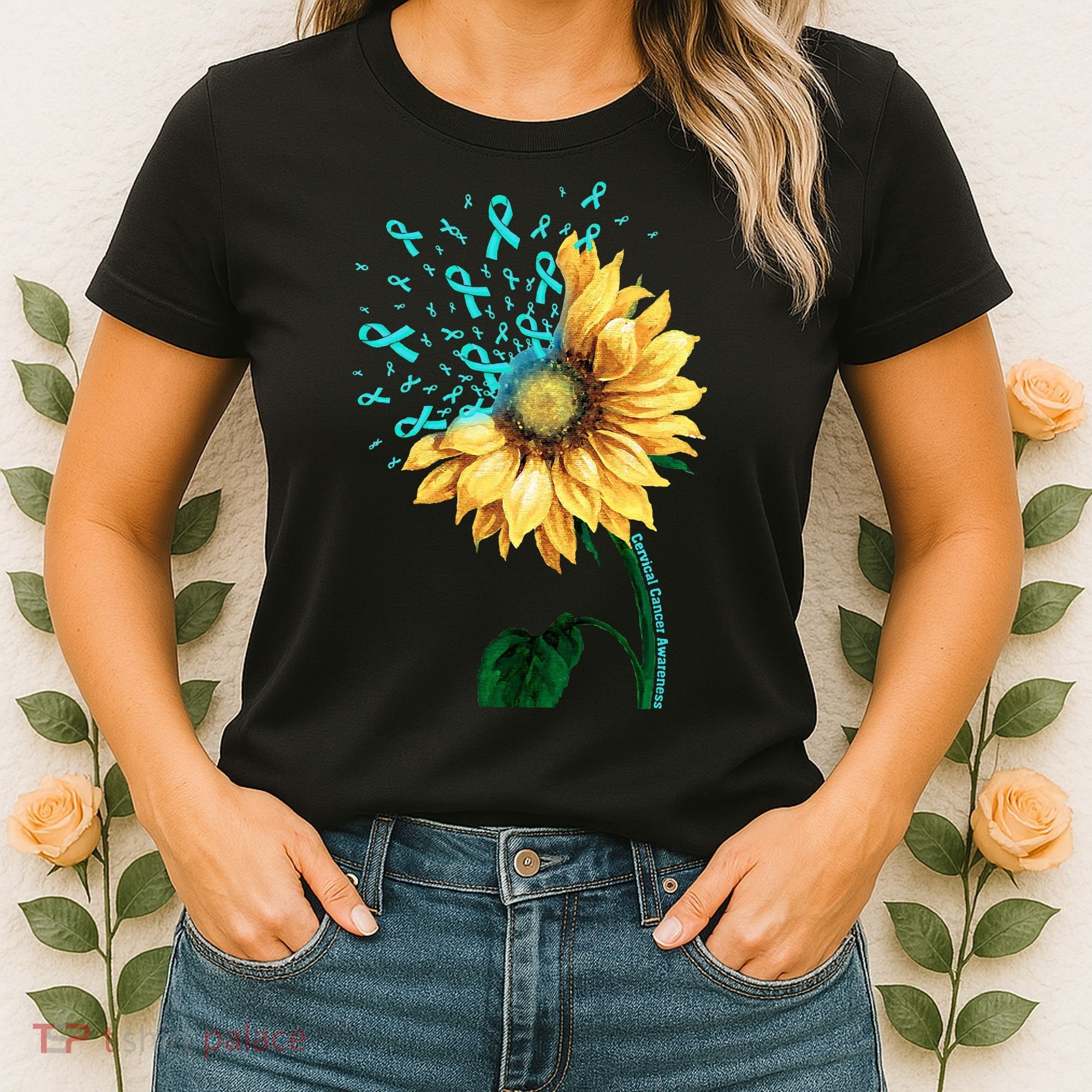CERVICAL CANCER AWARENESS Sunflower Teal Ribbon Fighter Women's T-Shirt