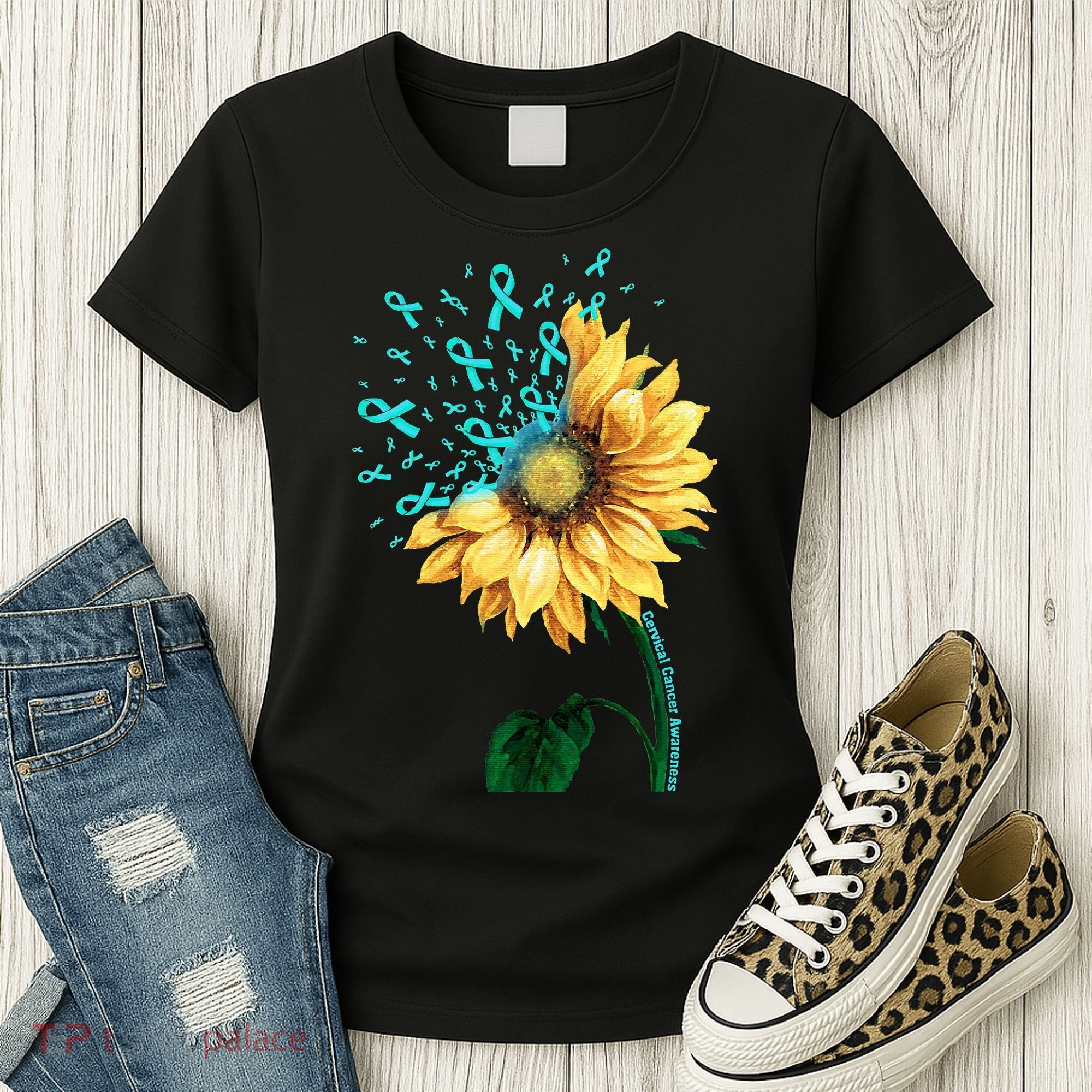 CERVICAL CANCER AWARENESS Sunflower Teal Ribbon Fighter Women's T-Shirt