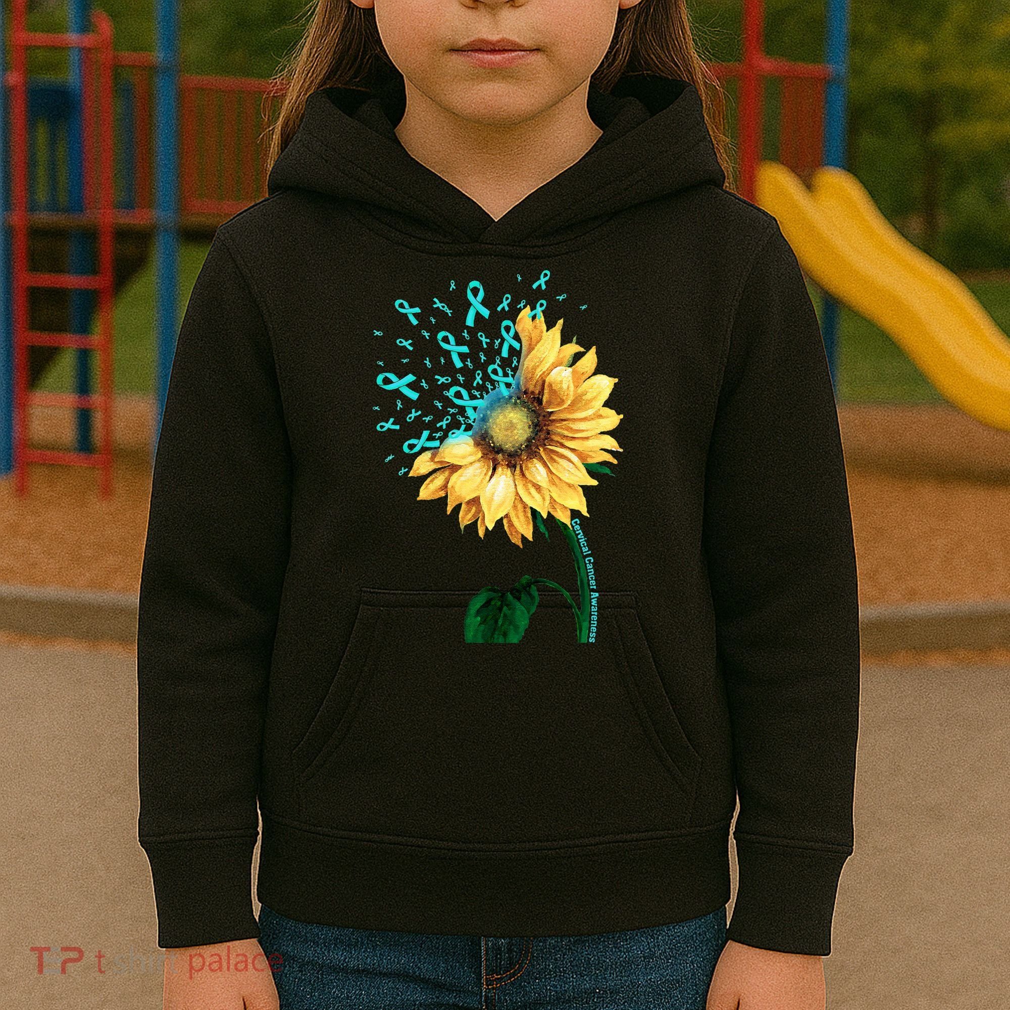 CERVICAL CANCER AWARENESS Sunflower Teal Ribbon Fighter Kids Hoodie