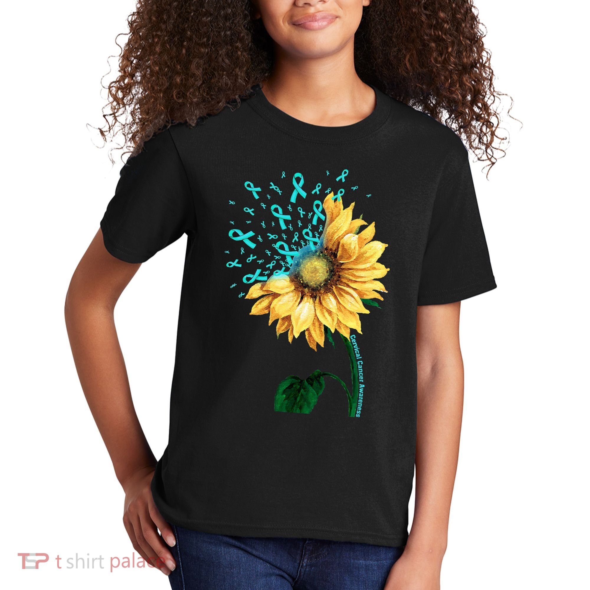 CERVICAL CANCER AWARENESS Sunflower Teal Ribbon Fighter Kids T-Shirt