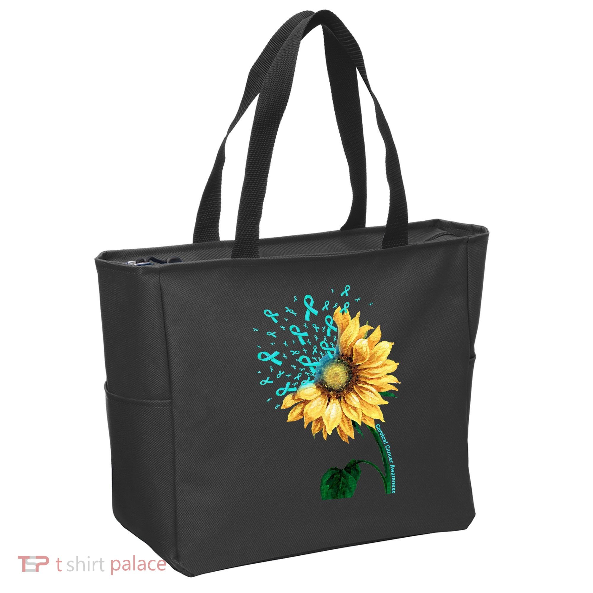 CERVICAL CANCER AWARENESS Sunflower Teal Ribbon Fighter Tote Bag