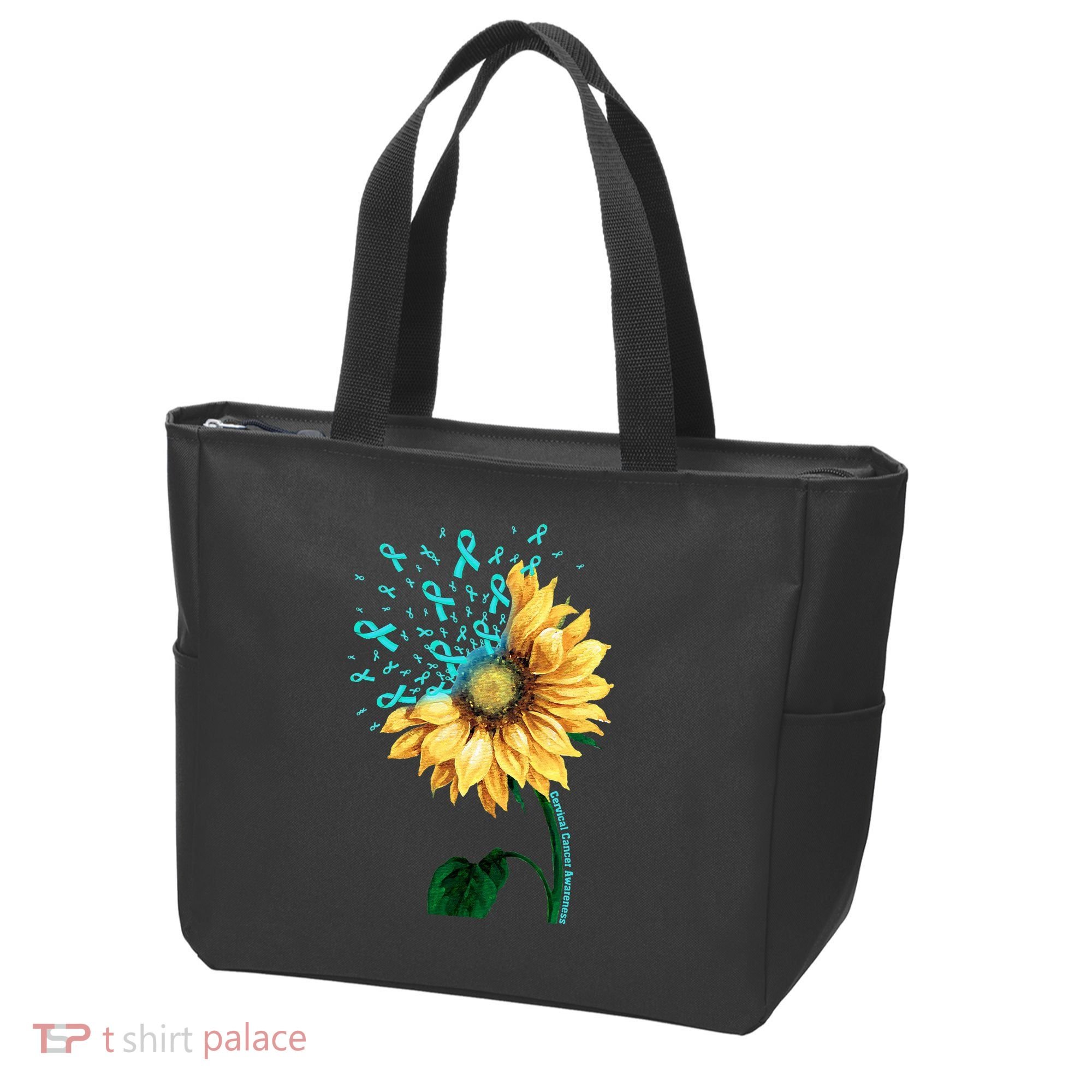 CERVICAL CANCER AWARENESS Sunflower Teal Ribbon Fighter Tote Bag