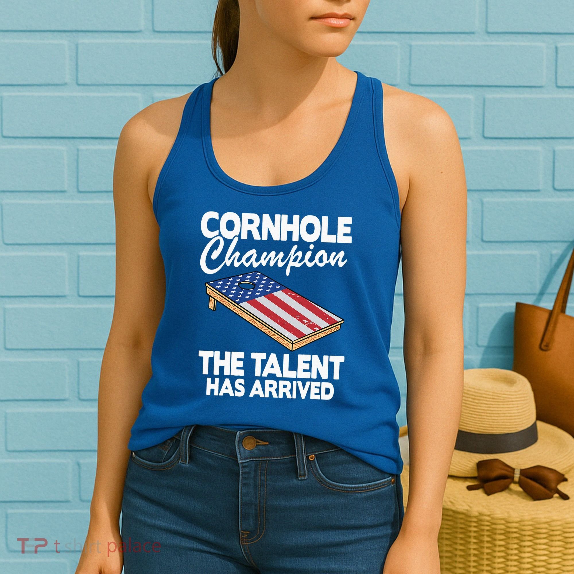 Cornhole Champion American Flag Board Funny Cornhole Women's Tank Top