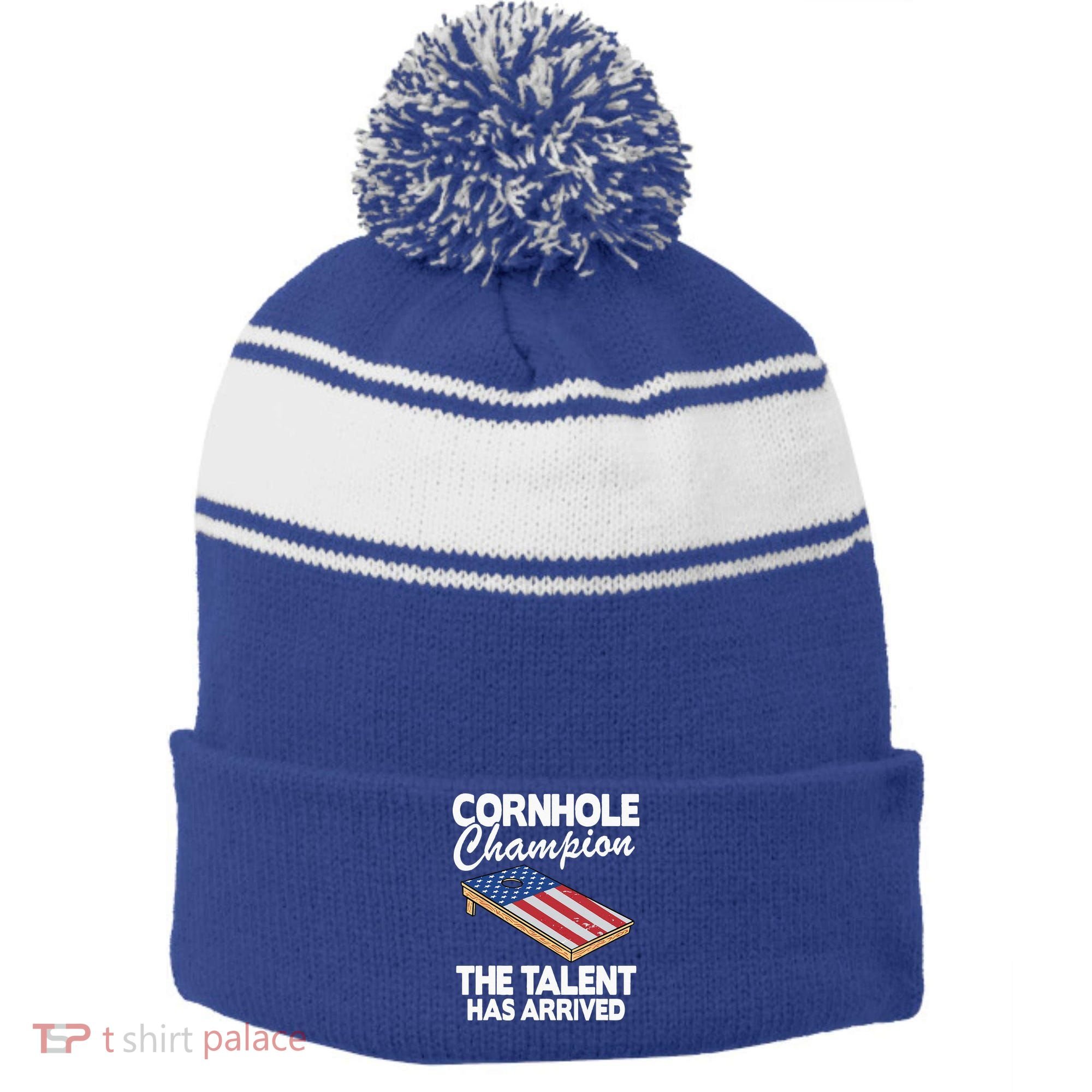 Cornhole Champion American Flag Board Funny Cornhole Stripe Pom Pom Beanie