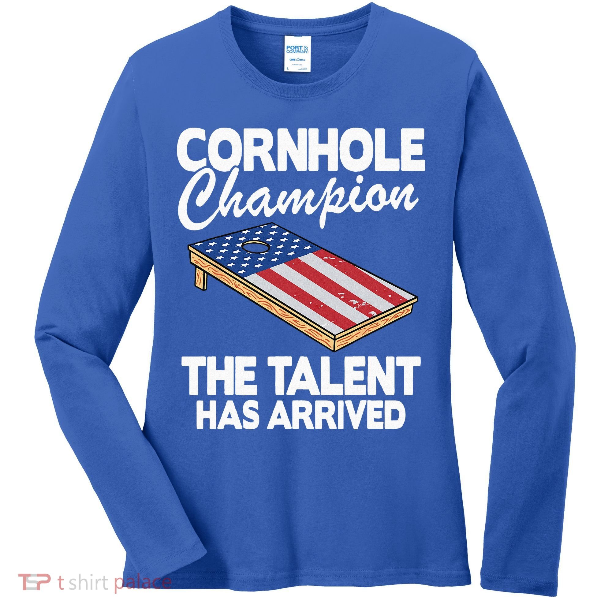 Cornhole Champion American Flag Board Funny Cornhole Women's Long Sleeve Shirt