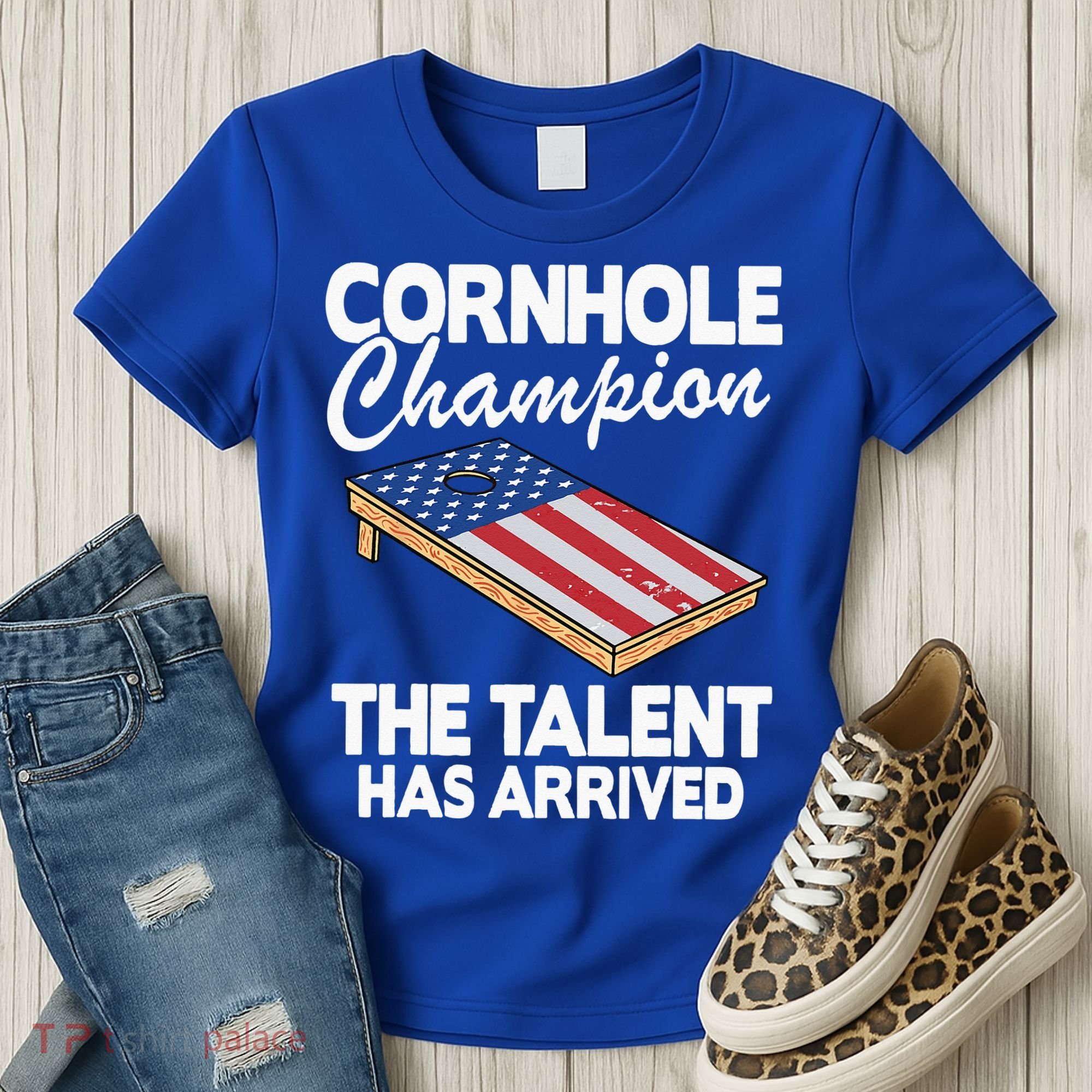 Cornhole Champion American Flag Board Funny Cornhole Women's T-Shirt