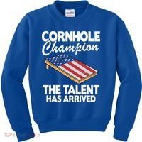 Cornhole Champion American Flag Board Funny Cornhole Kids Sweatshirt thumb 0