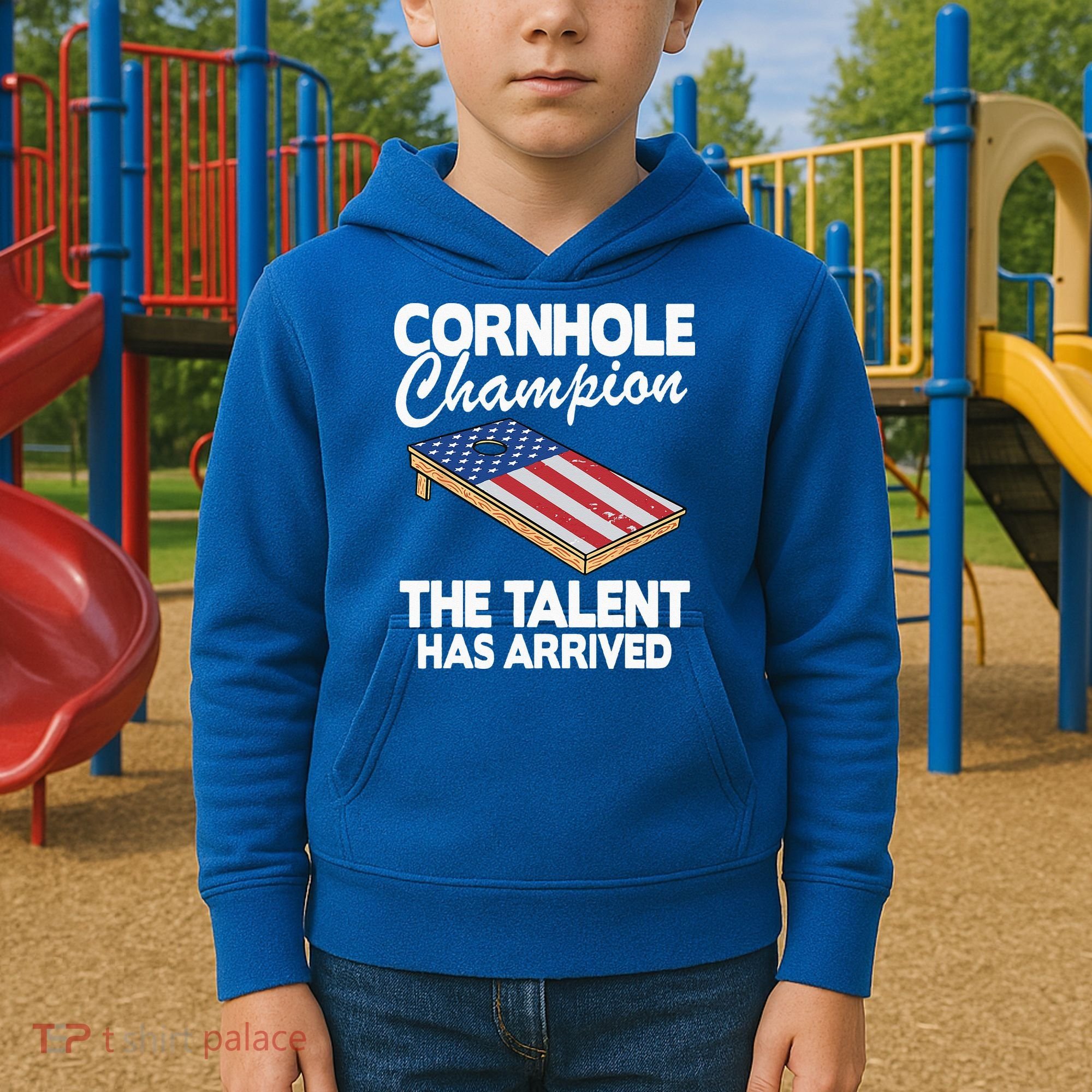 Cornhole Champion American Flag Board Funny Cornhole Kids Hoodie