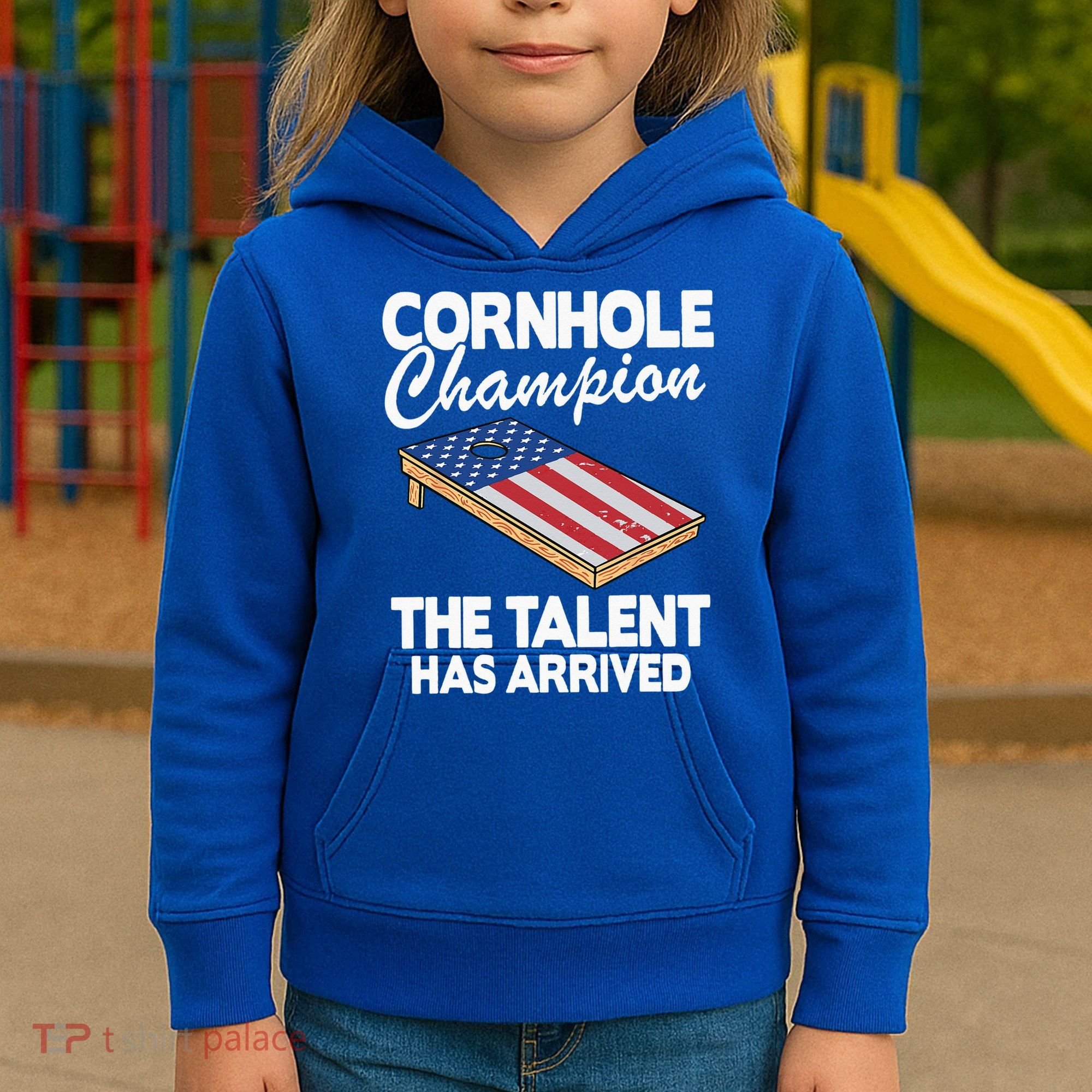 Cornhole Champion American Flag Board Funny Cornhole Kids Hoodie