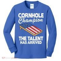 Cornhole Champion American Flag Board Funny Cornhole Kids Long Sleeve Shirt thumb 0