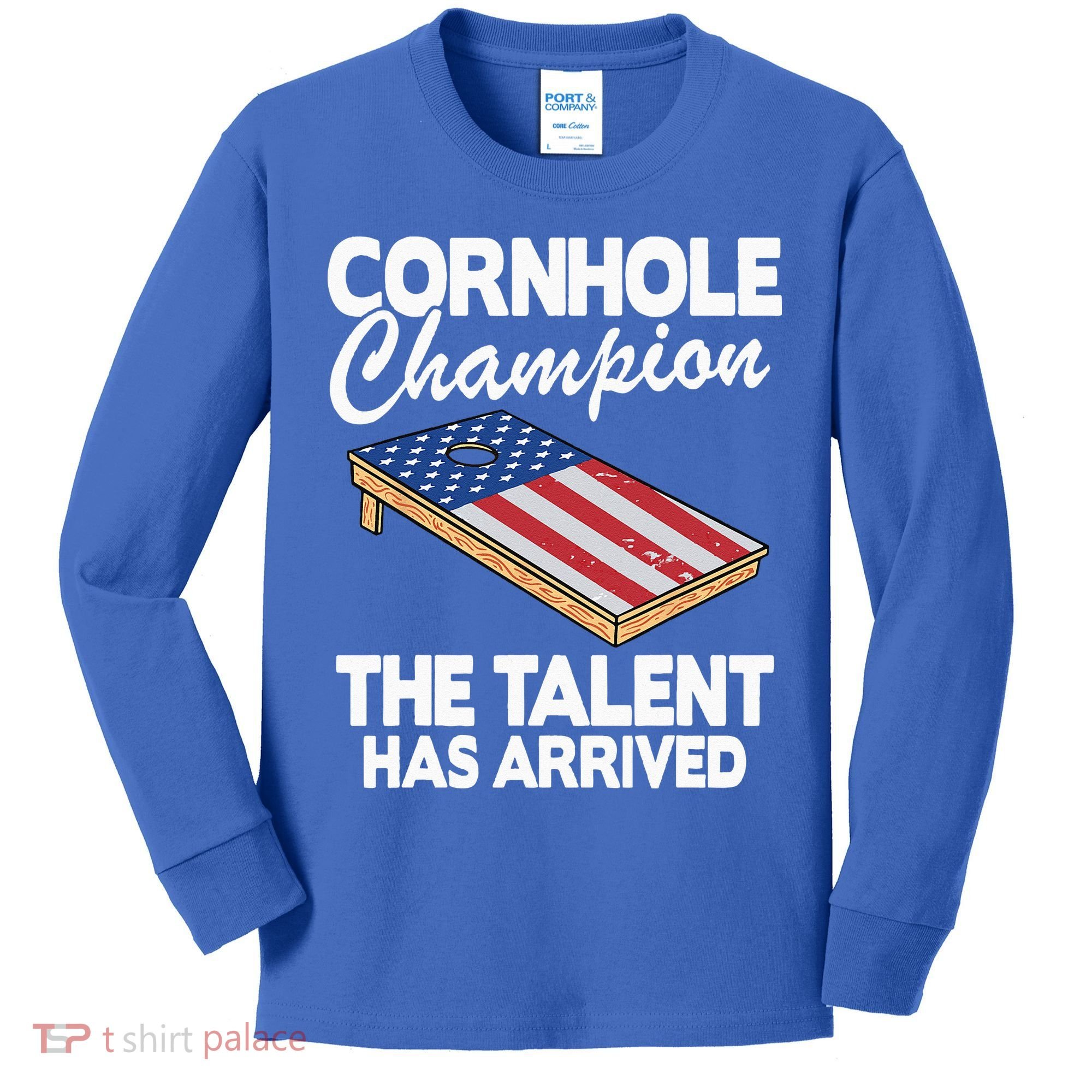Cornhole Champion American Flag Board Funny Cornhole Kids Long Sleeve Shirt