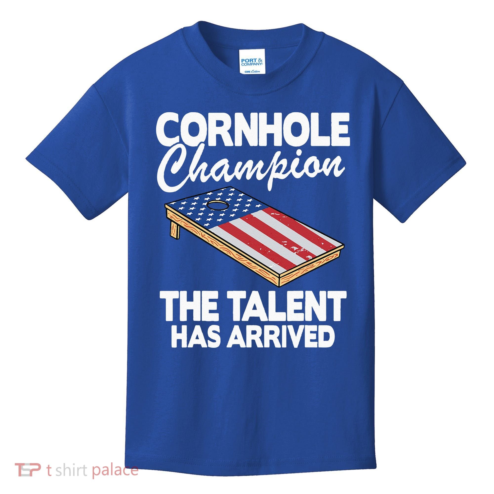 Cornhole Champion American Flag Board Funny Cornhole Kids T-Shirt
