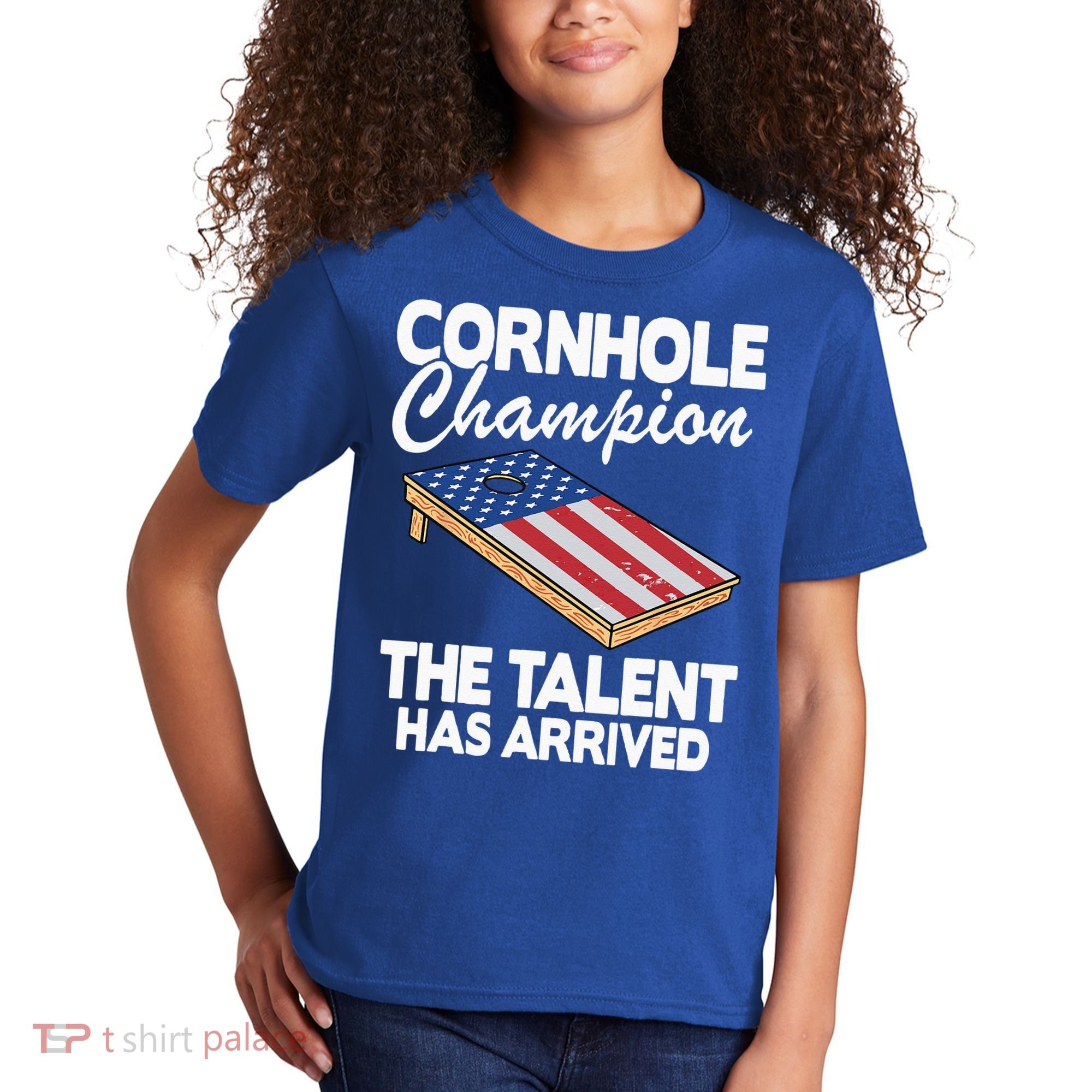 Cornhole Champion American Flag Board Funny Cornhole Kids T-Shirt