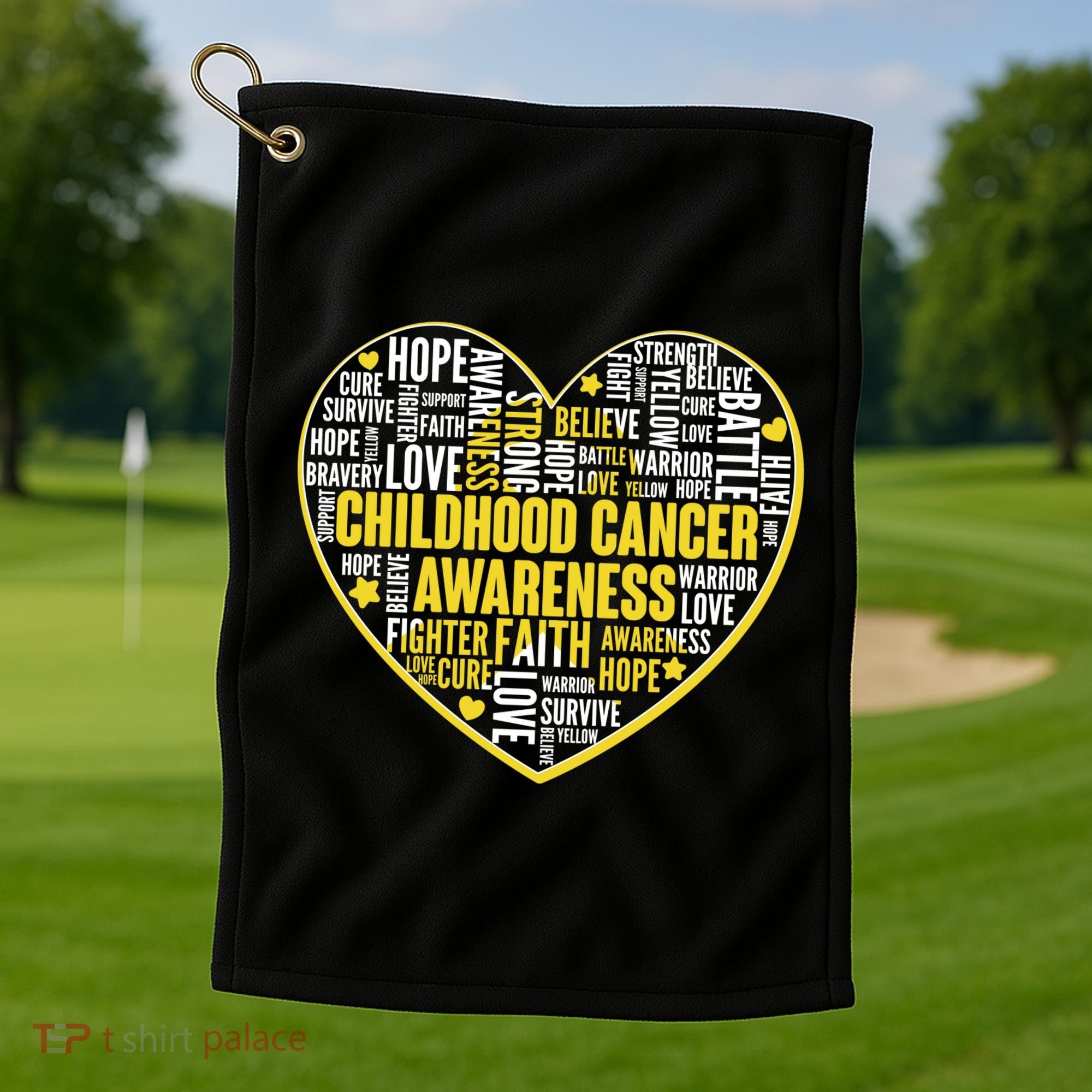 Childhood Cancer Awareness Word Text Art Heart Golf Towel