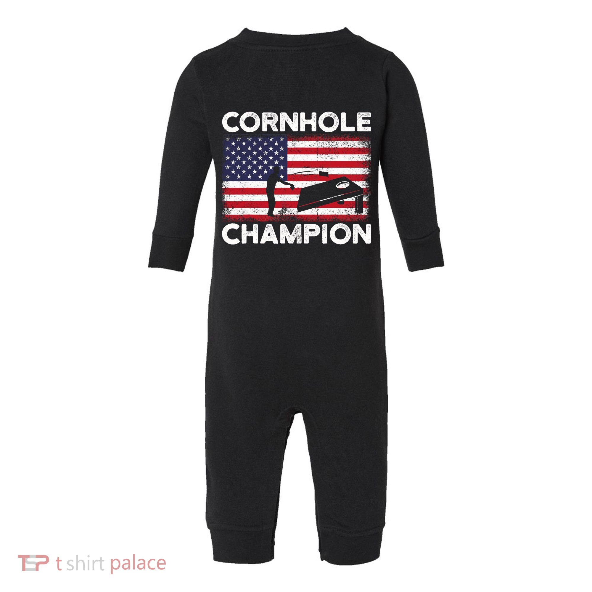 Cornhole Champion American Flag USA July 4th Cornhole Infant Fleece One Piece
