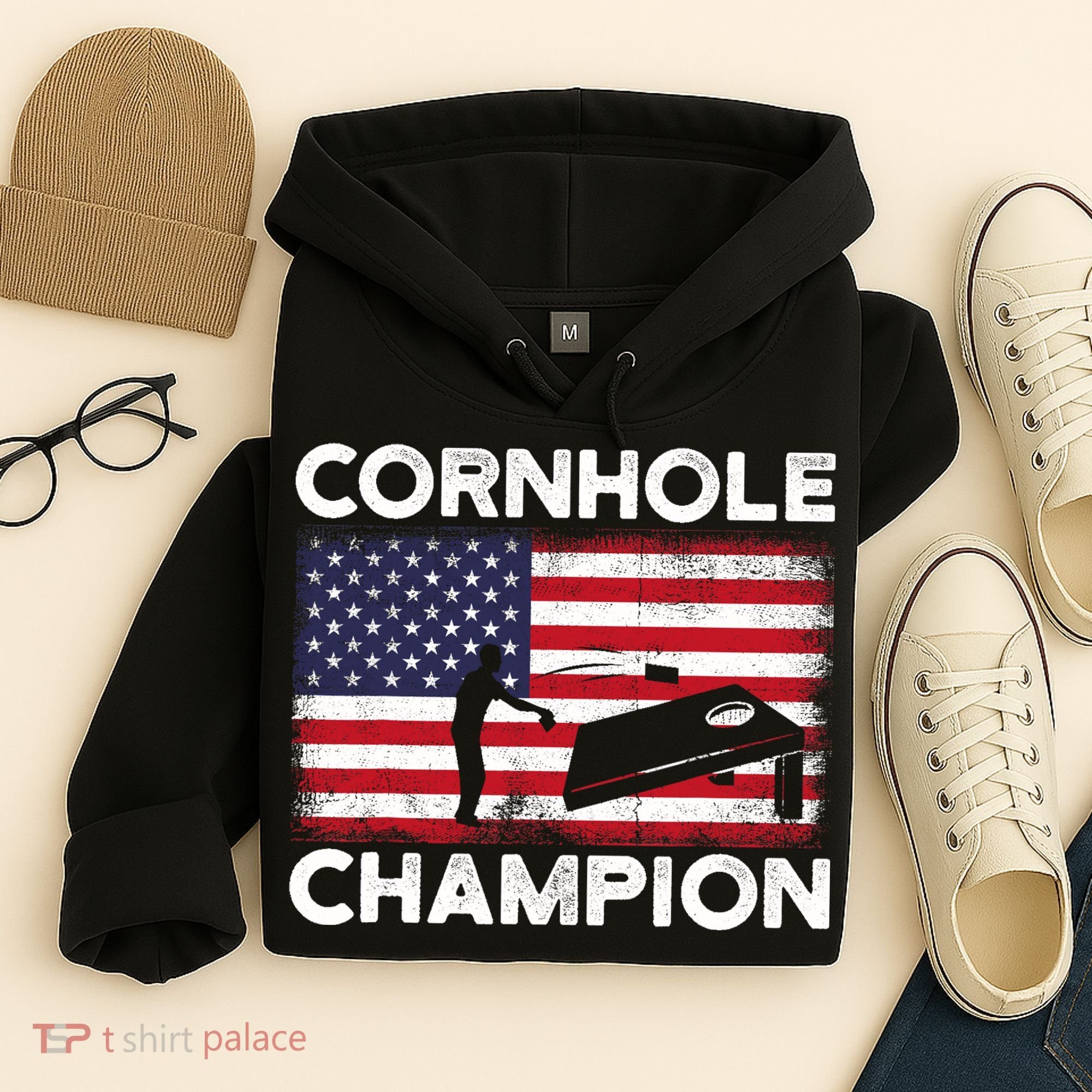 Cornhole Champion American Flag USA July 4th Cornhole Hoodie