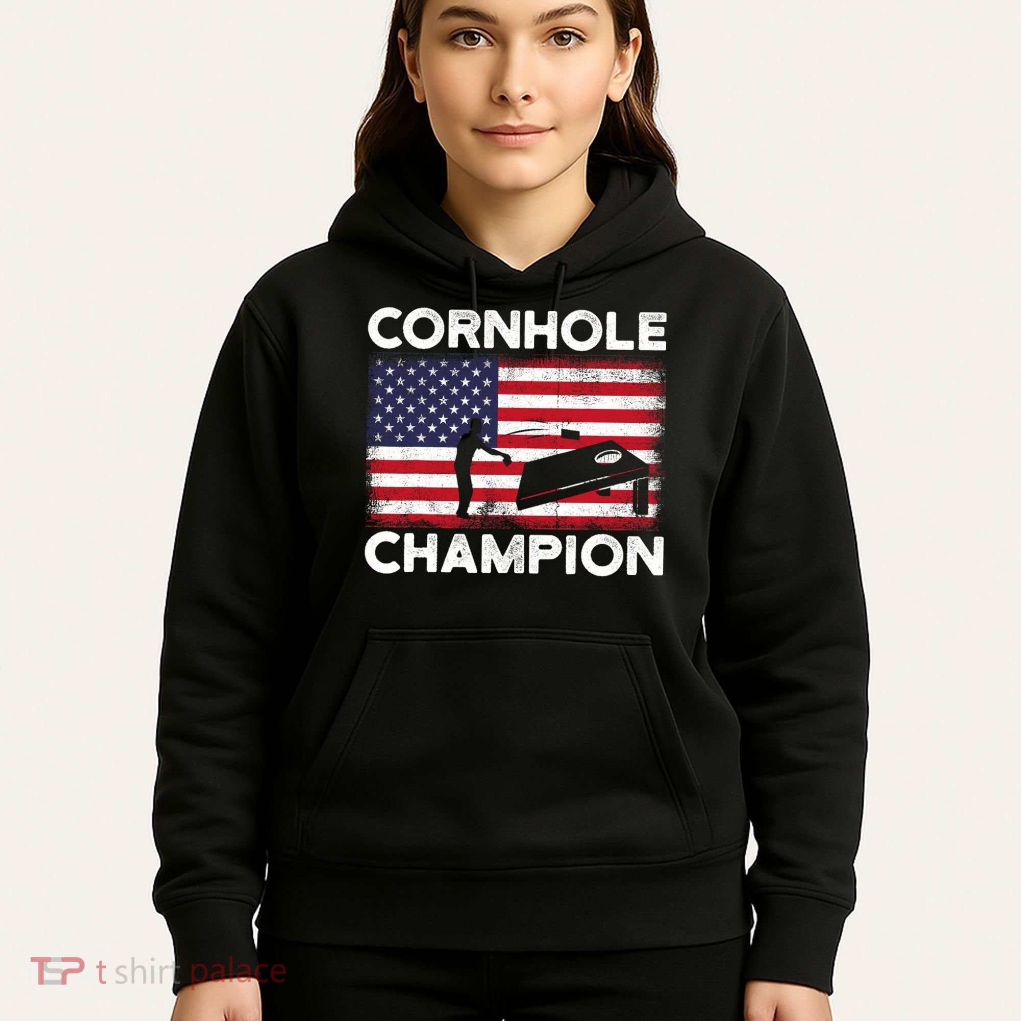 Cornhole Champion American Flag USA July 4th Cornhole Hoodie