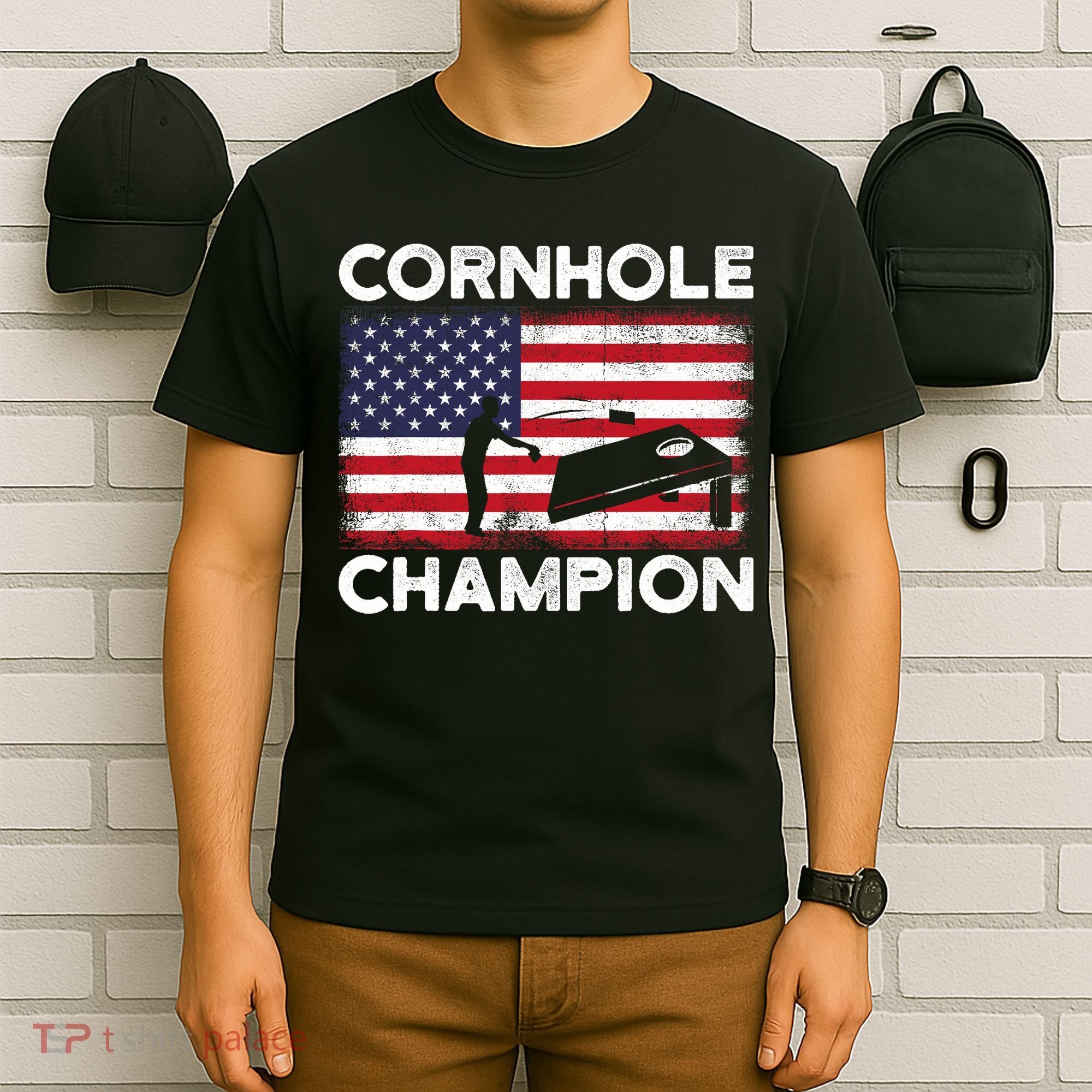 Cornhole Champion American Flag USA July 4th Cornhole T-Shirt