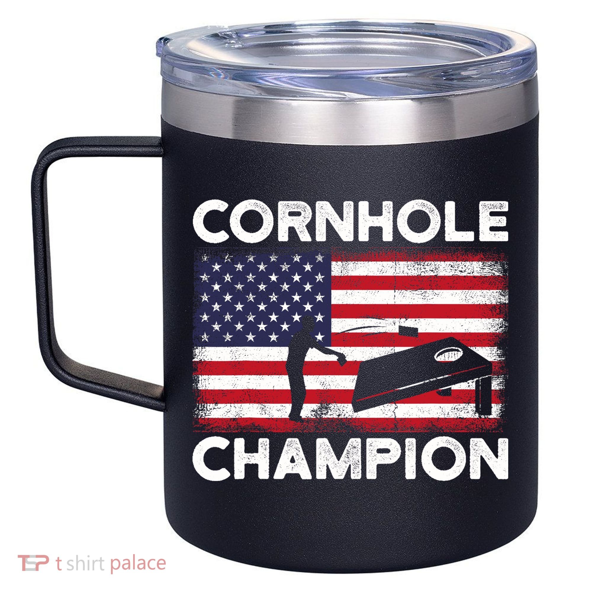 Cornhole Champion American Flag USA July 4th Cornhole 12oz Stainless Steel Coffee Mug