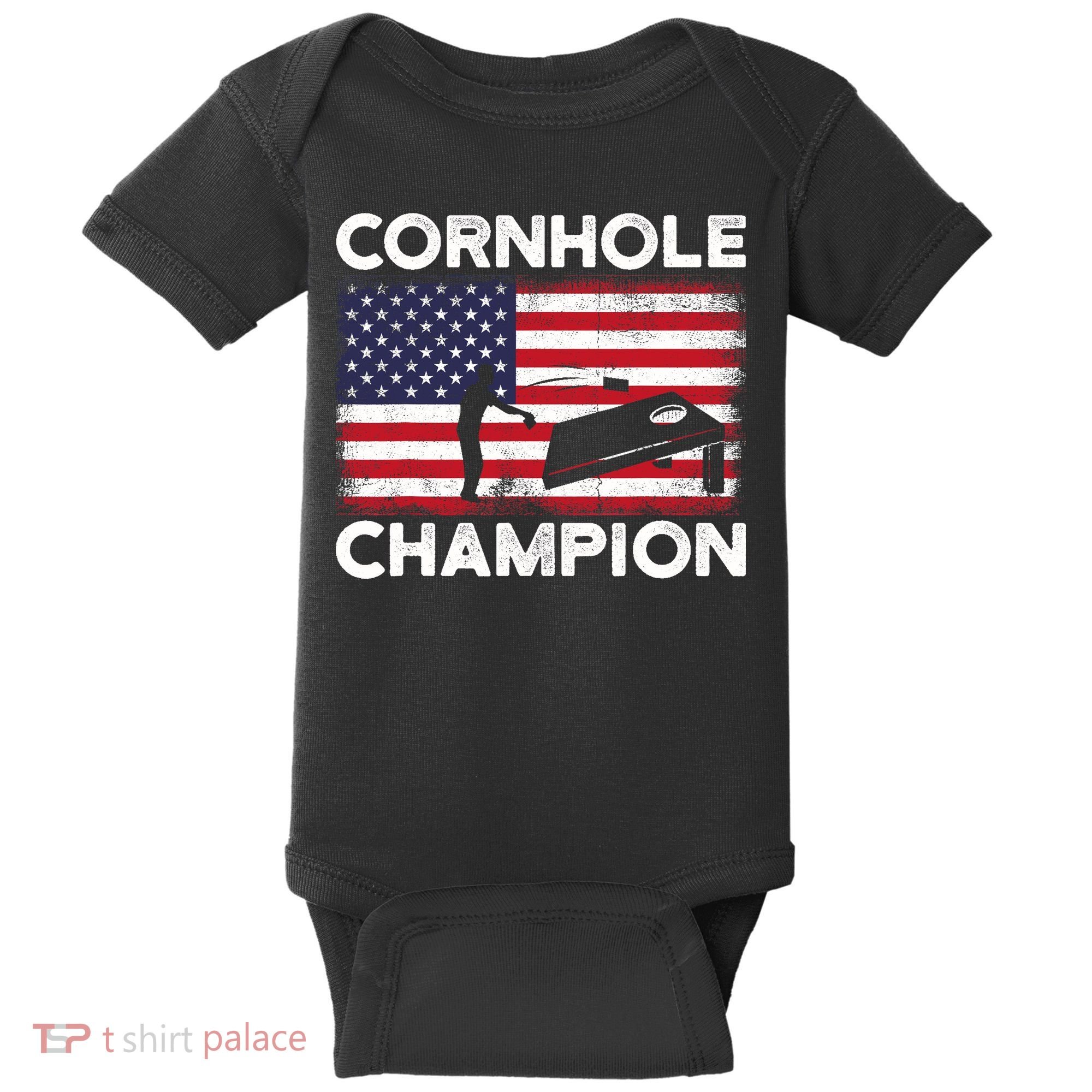 Cornhole Champion American Flag USA July 4th Cornhole Baby Bodysuit