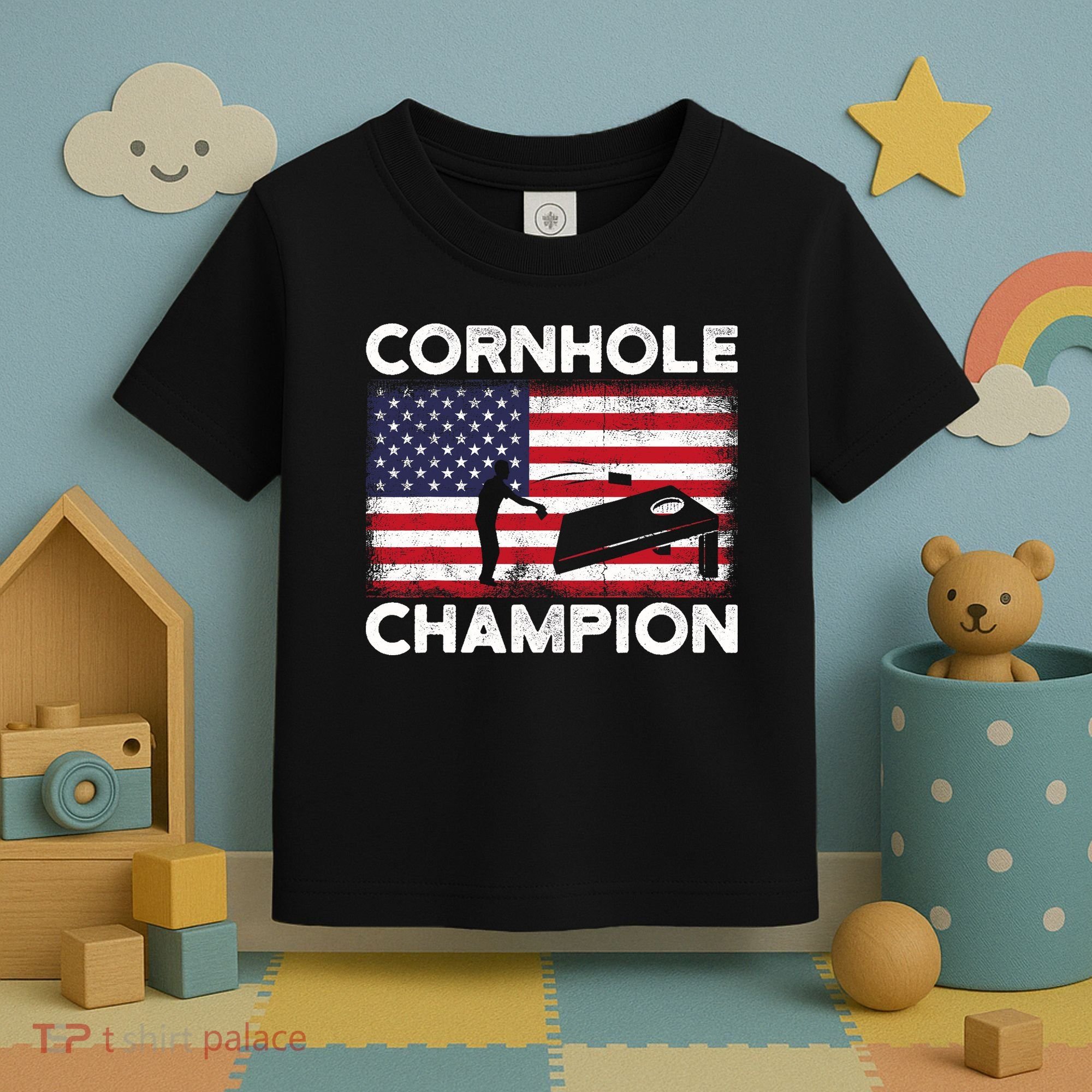 Cornhole Champion American Flag USA July 4th Cornhole Toddler T-Shirt