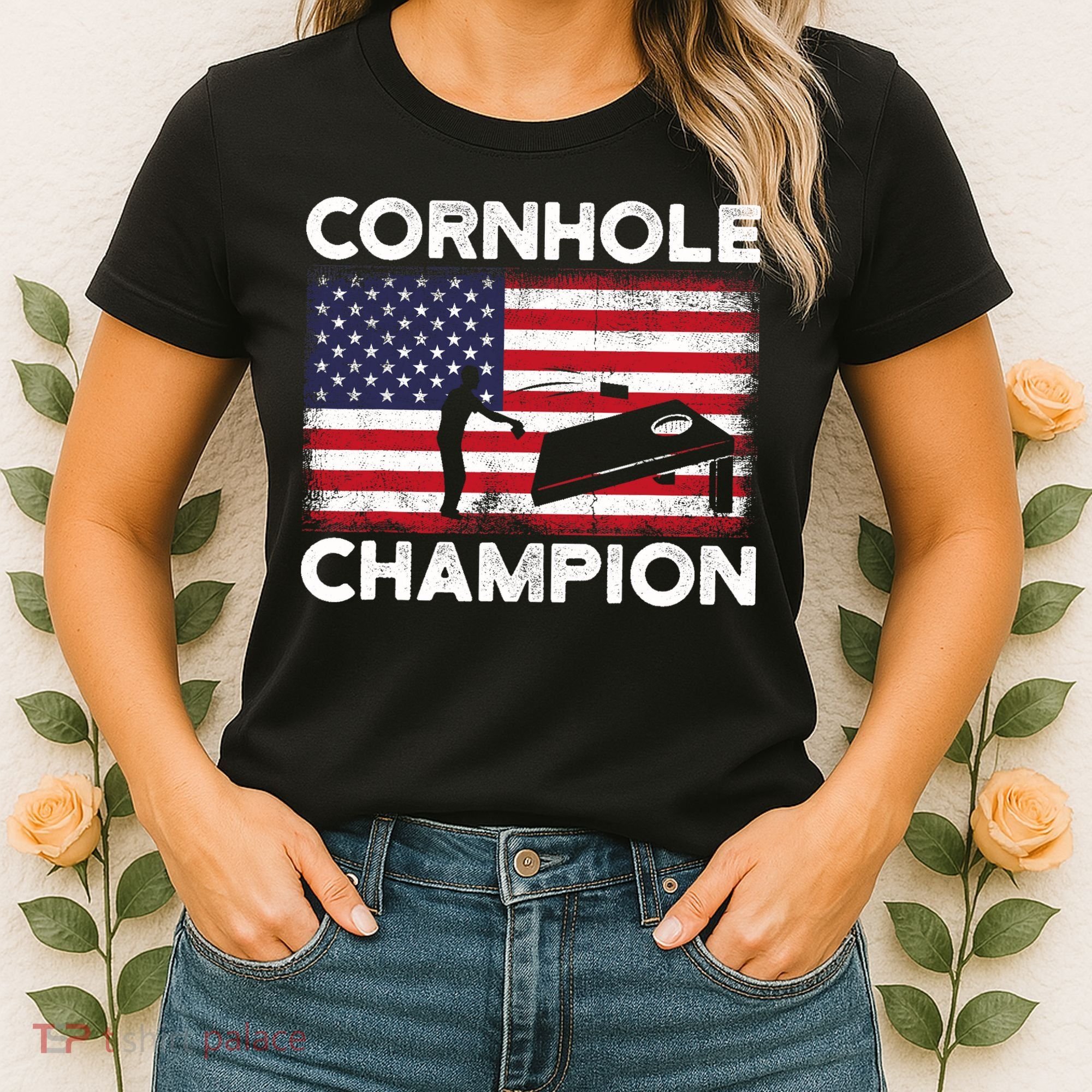 Cornhole Champion American Flag USA July 4th Cornhole Women's T-Shirt