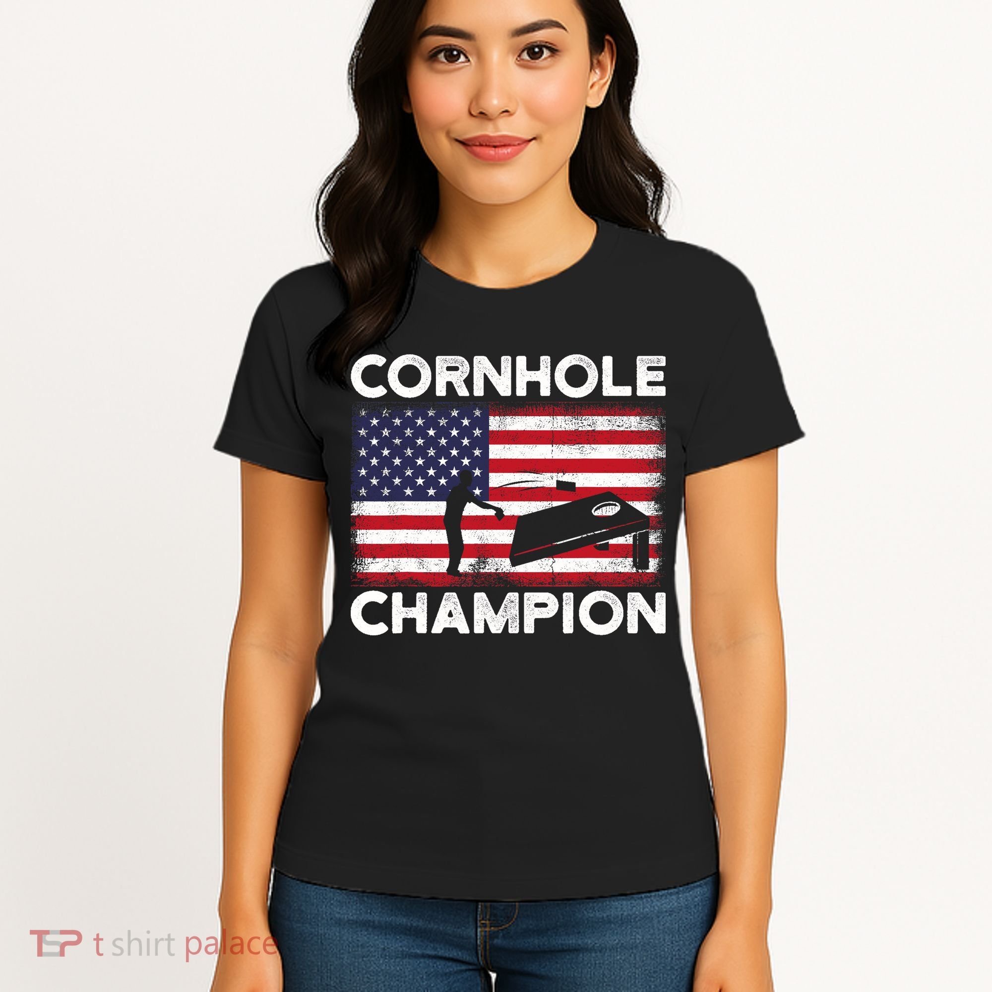 Cornhole Champion American Flag USA July 4th Cornhole Women's T-Shirt
