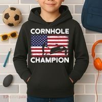 Cornhole Champion American Flag USA July 4th Cornhole Kids Hoodie thumb 2