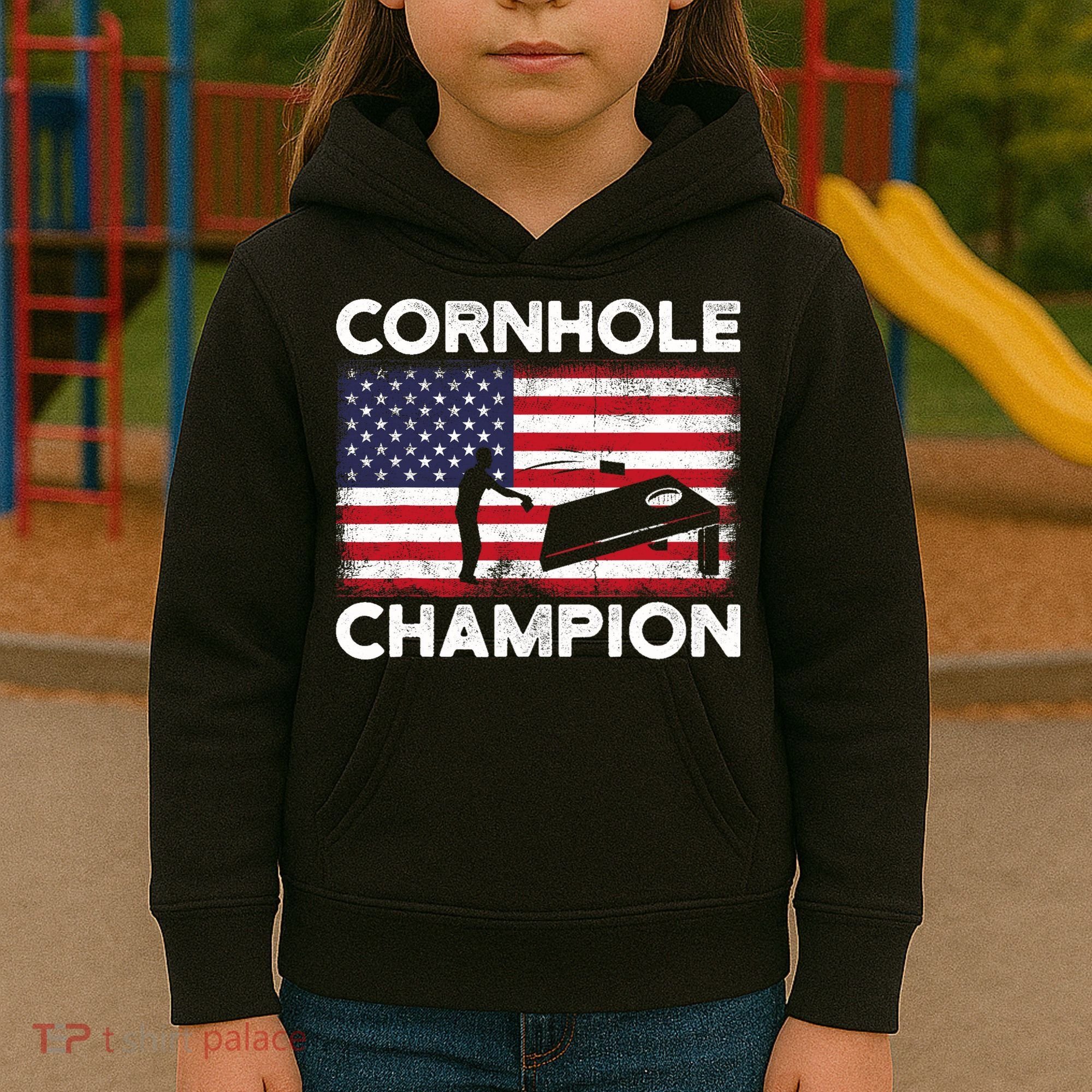 Cornhole Champion American Flag USA July 4th Cornhole Kids Hoodie