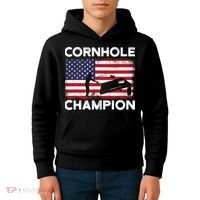 Cornhole Champion American Flag USA July 4th Cornhole Kids Hoodie thumb 4