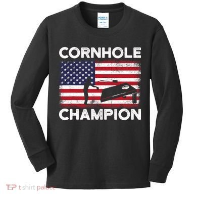 Cornhole Champion American Flag USA July 4th Cornhole Kids Long Sleeve Shirt