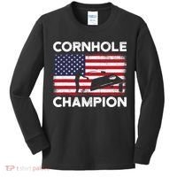 Cornhole Champion American Flag USA July 4th Cornhole Kids Long Sleeve Shirt thumb 0