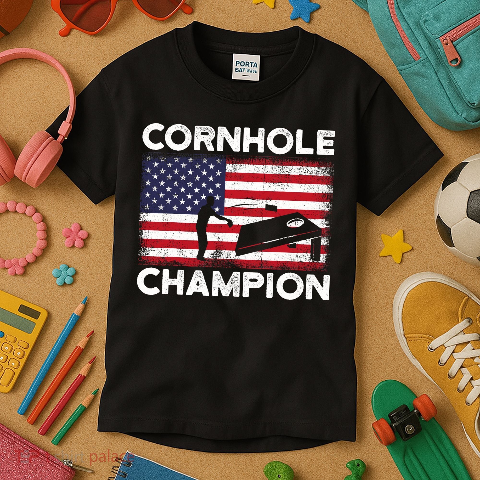 Cornhole Champion American Flag USA July 4th Cornhole Kids T-Shirt