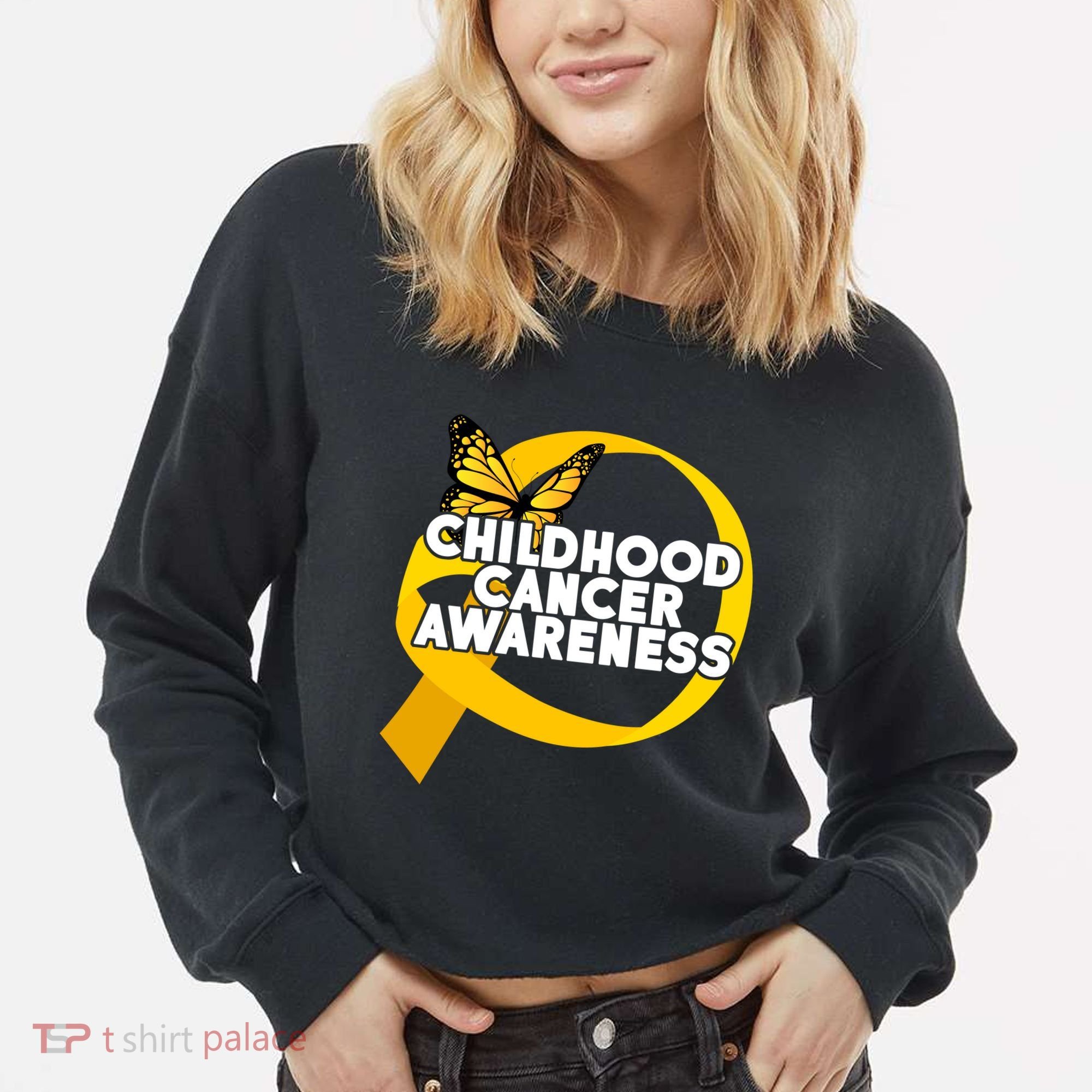Childhood Cancer Awareness Butterfly Ribbon Cropped Pullover Crew