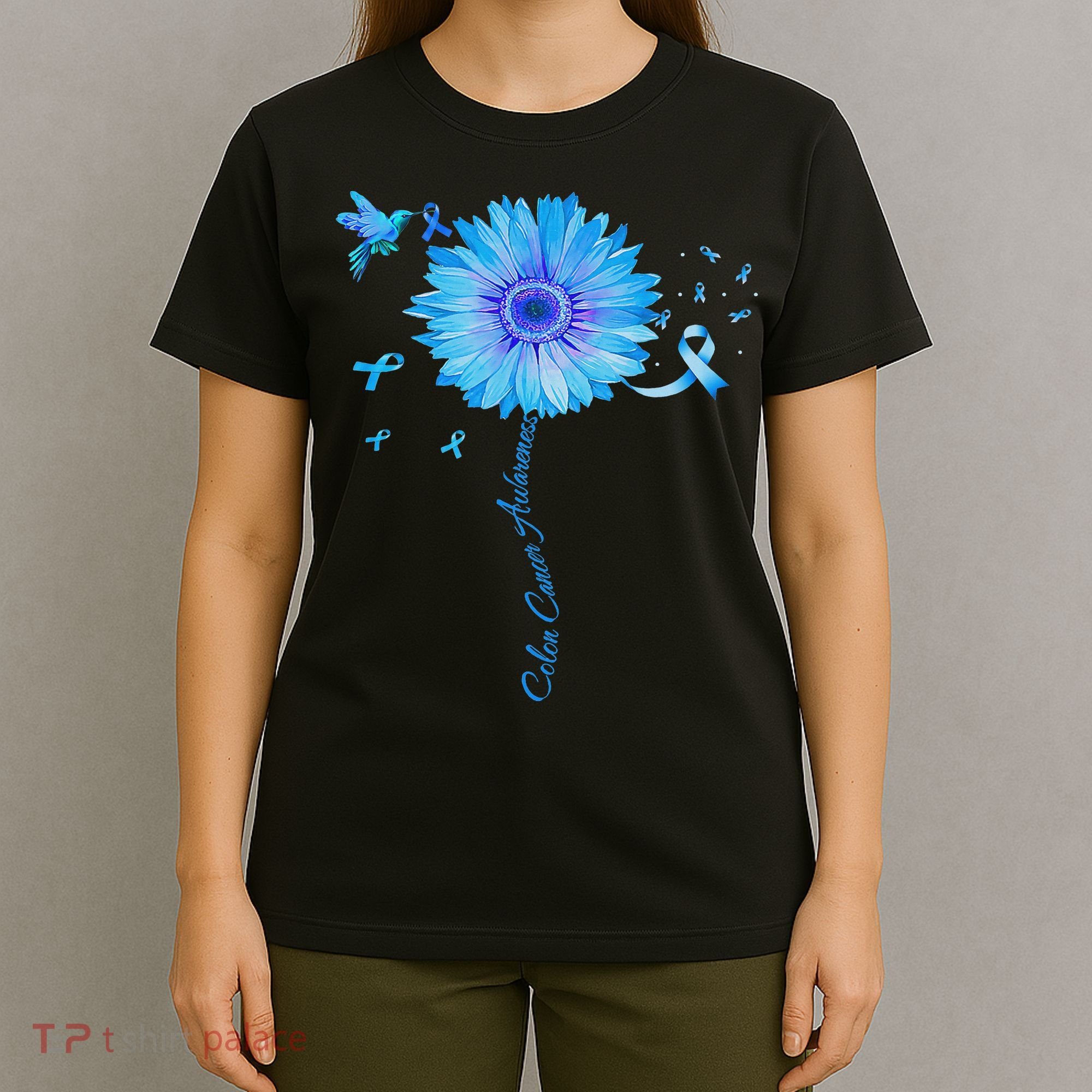 Colon Cancer Awareness Colorectal Blue Ribbon Sunflower T-Shirt