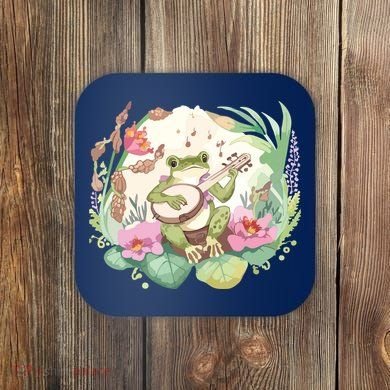 Cottage Core Aesthetic Frog Playing Banjo Guitar Vintage Coaster