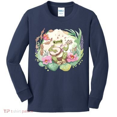 Cottage Core Aesthetic Frog Playing Banjo Guitar Vintage Kids Long Sleeve Shirt