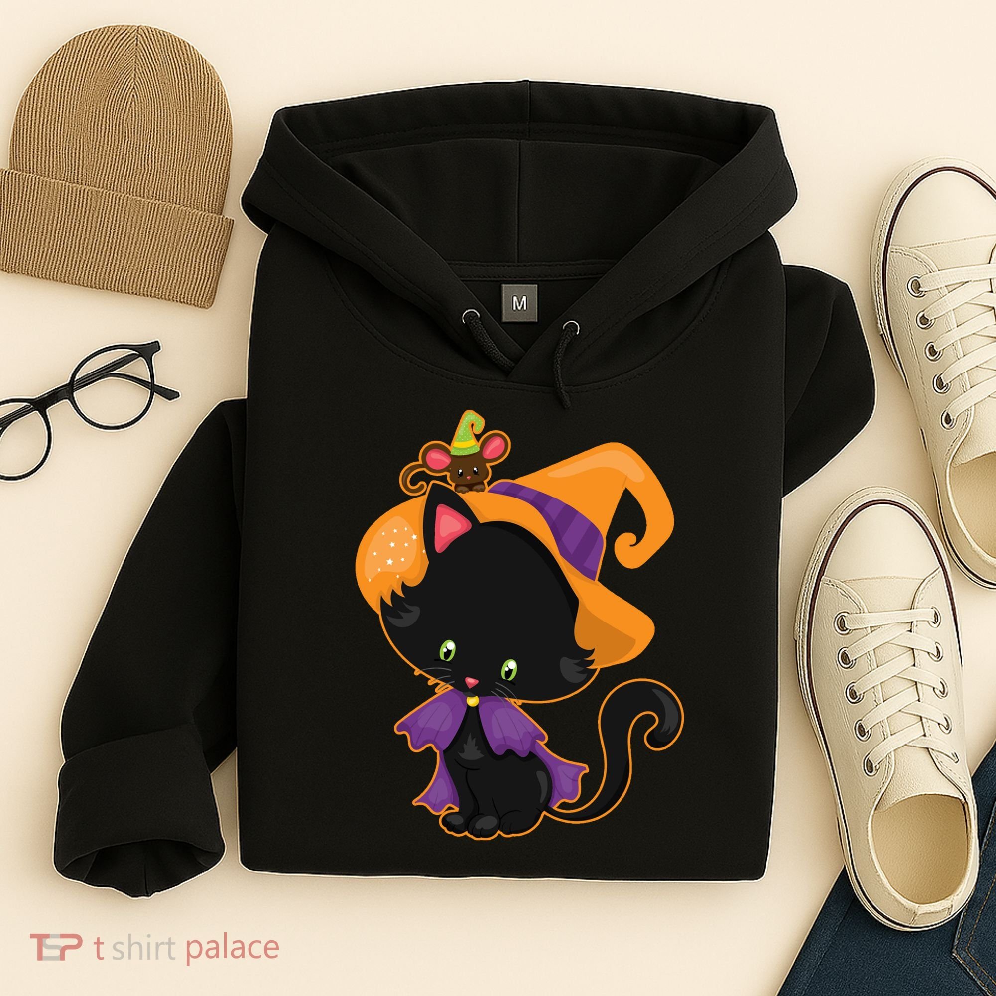 Cute Cat And Mouse Halloween Witch Hoodie