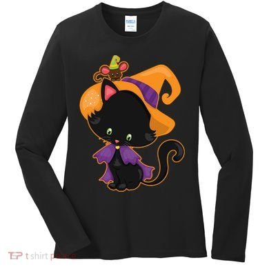 Cute Cat And Mouse Halloween Witch Women's Long Sleeve Shirt