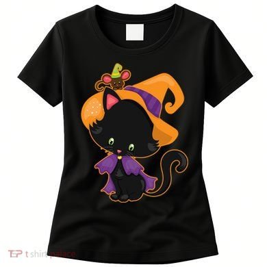 Cute Cat And Mouse Halloween Witch Women's T-Shirt