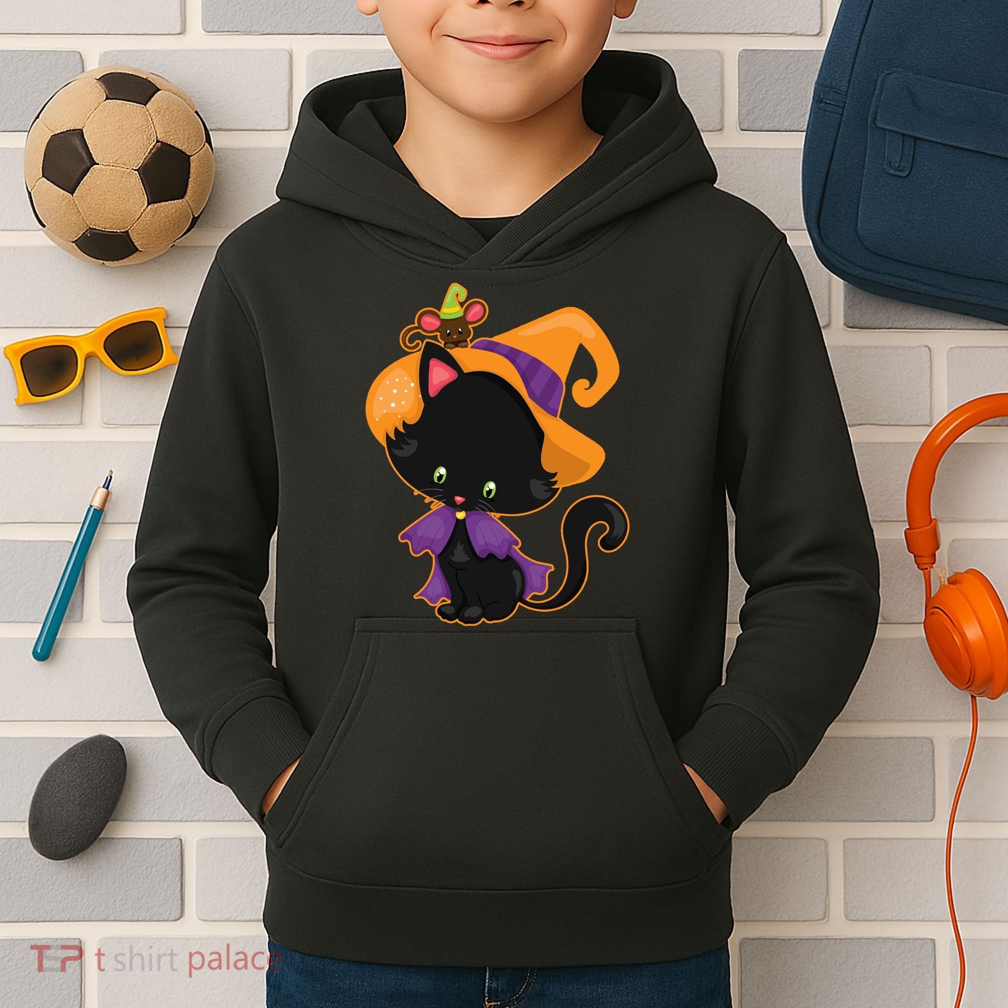 Cute Cat And Mouse Halloween Witch Kids Hoodie