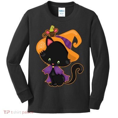 Cute Cat And Mouse Halloween Witch Kids Long Sleeve Shirt
