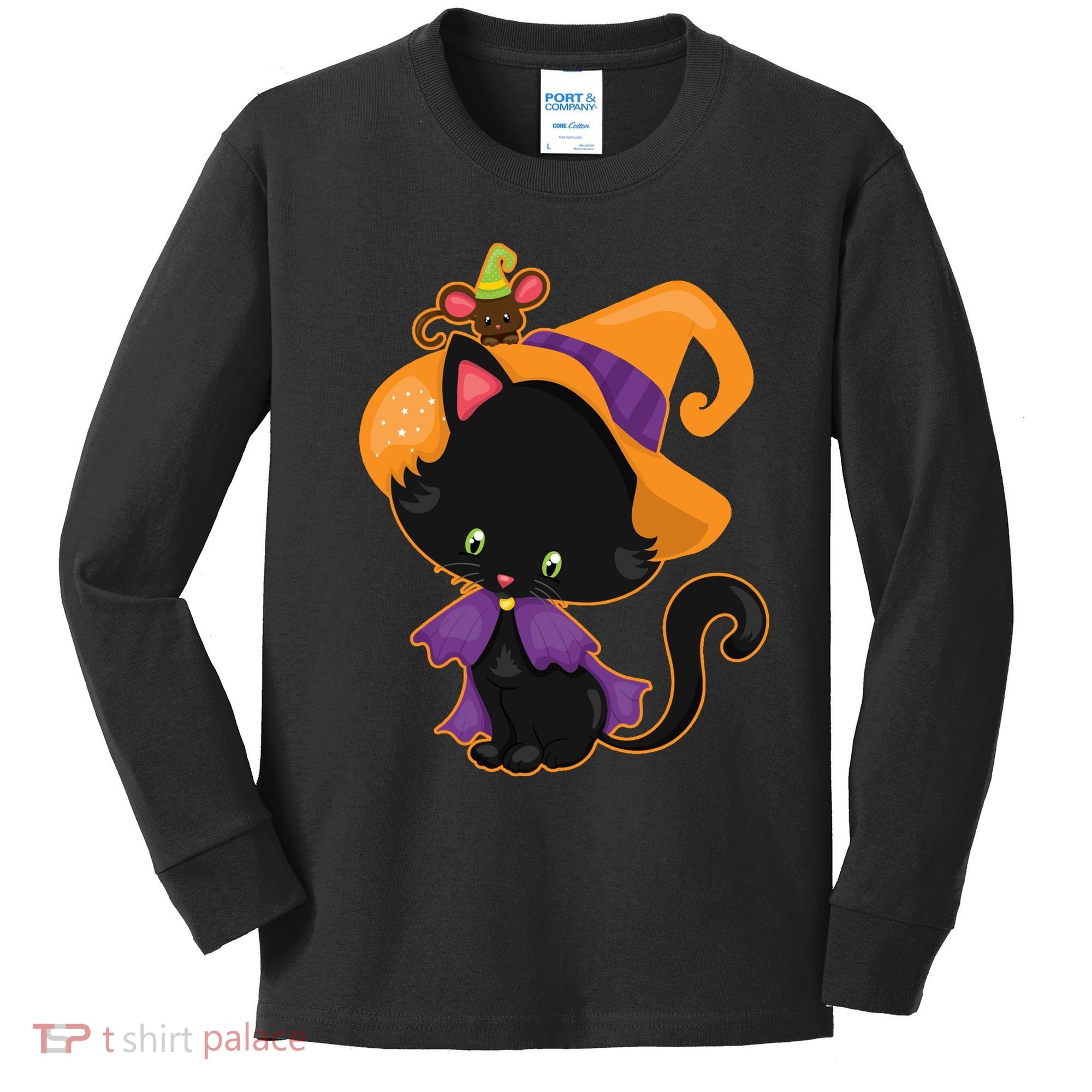 Cute Cat And Mouse Halloween Witch Kids Long Sleeve Shirt