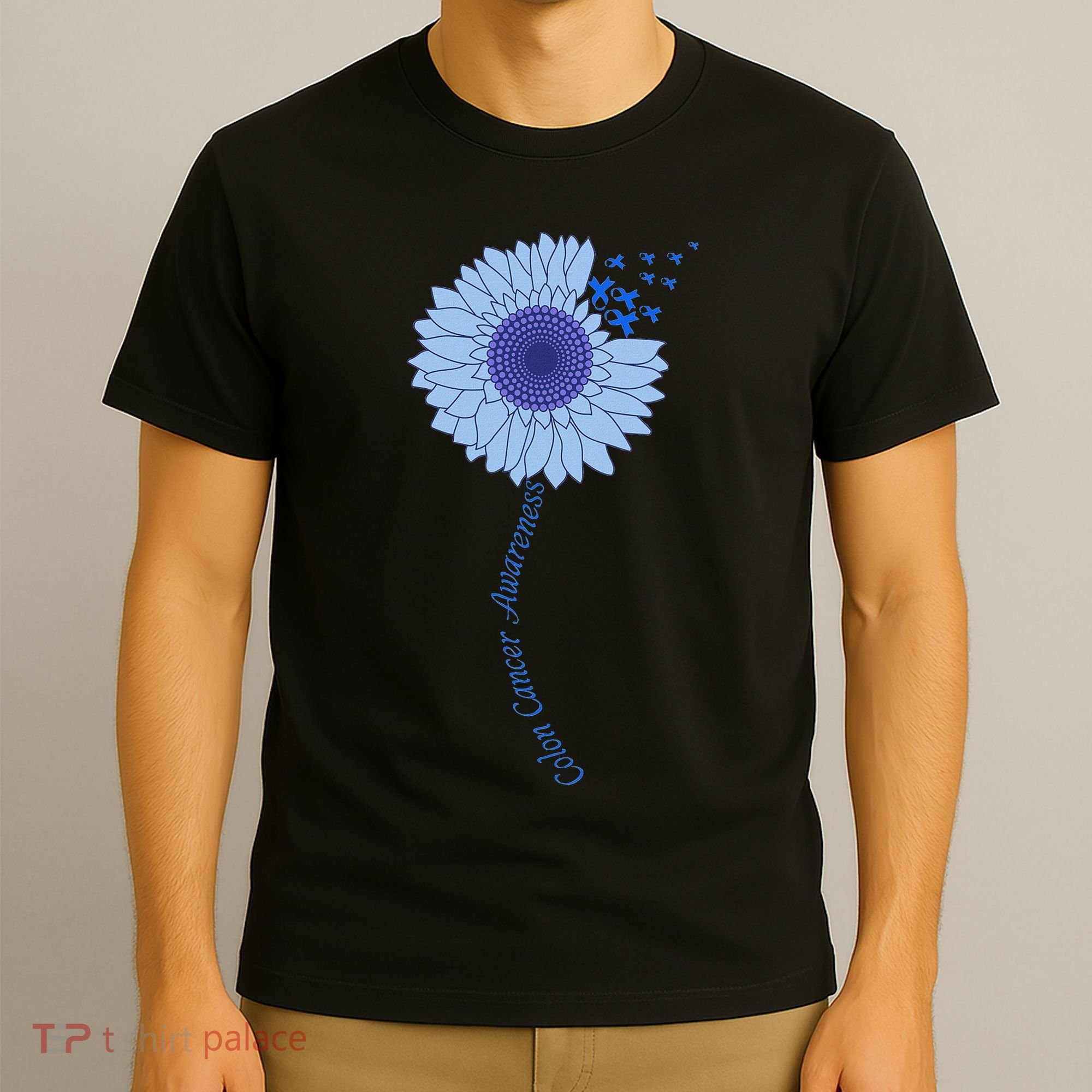 Colon Cancer Awareness Sunflower Periwinkle Ribbon T-Shirt