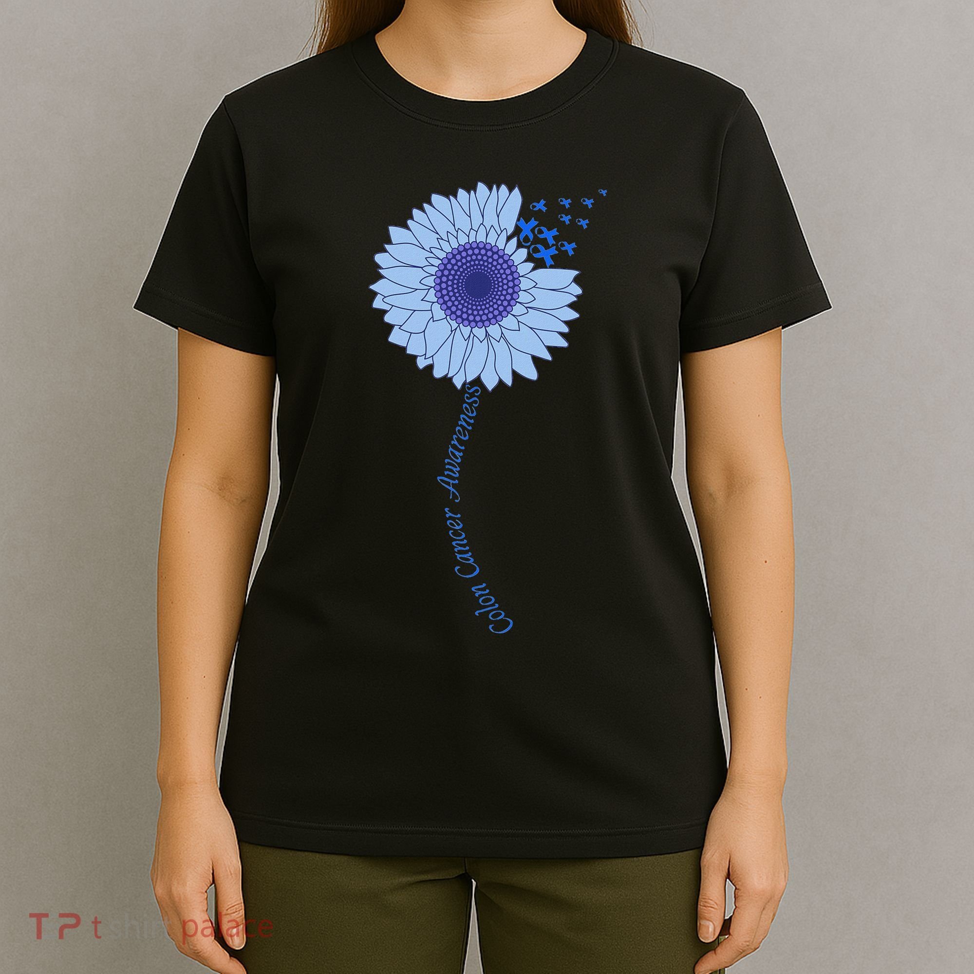 Colon Cancer Awareness Sunflower Periwinkle Ribbon T-Shirt
